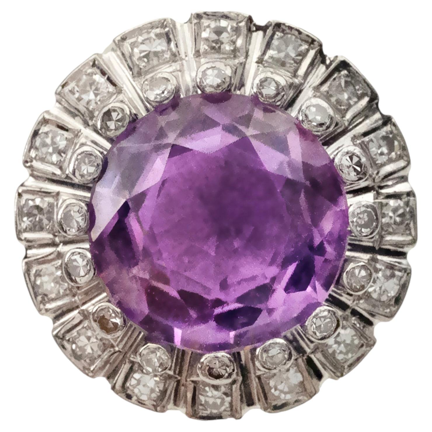 Anello da cocktail d'epoca in platino con ametista e diamanti in stile Art Deco