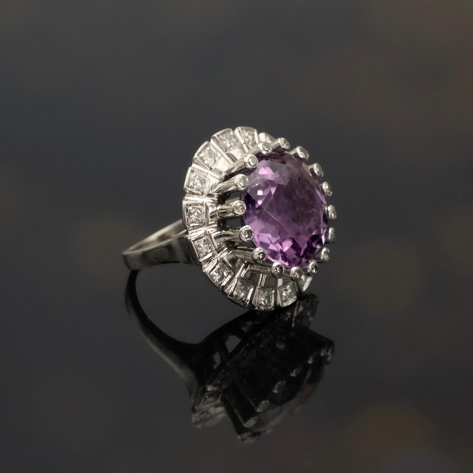 Retro Vintage Platinum Amethyst and Diamond Round Cocktail Ring For Sale