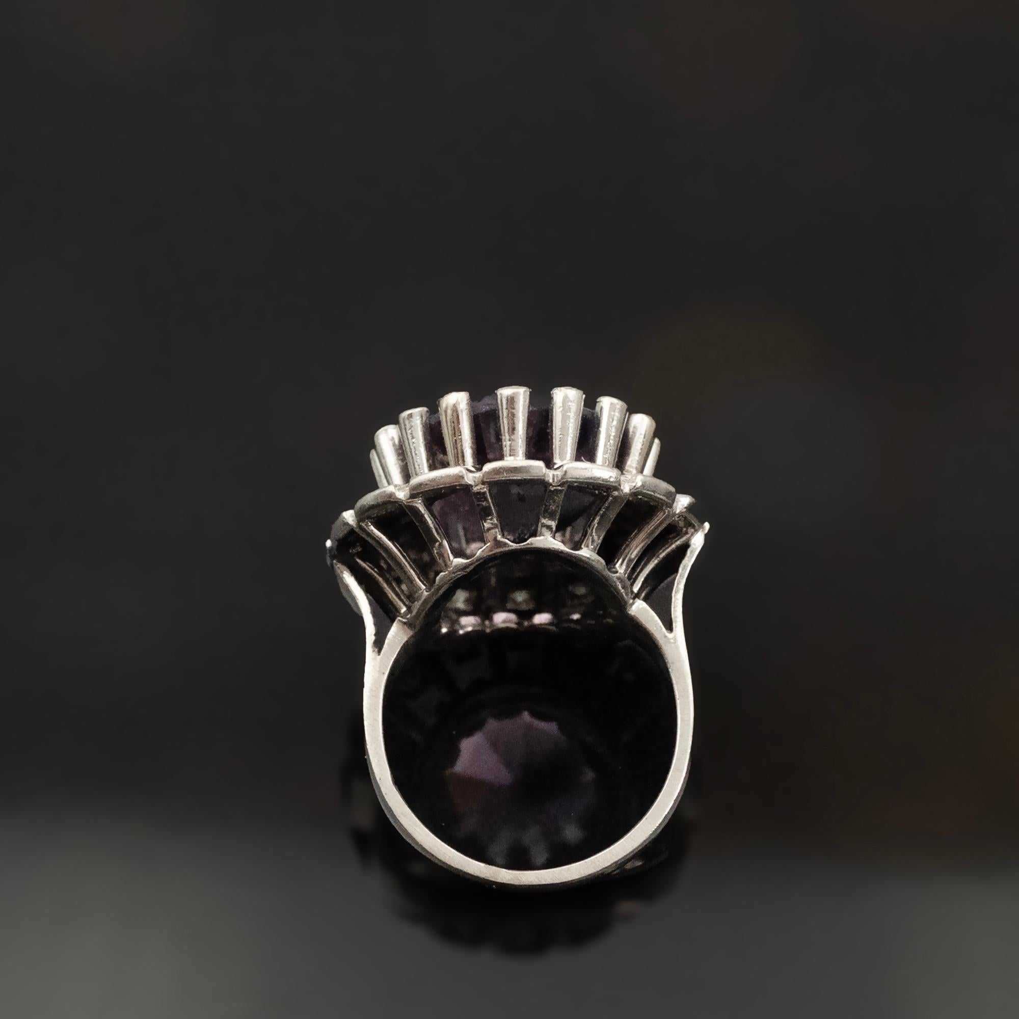 Vintage Platinum Amethyst and Diamond Round Cocktail Ring In Excellent Condition For Sale In Monte Carlo, MC