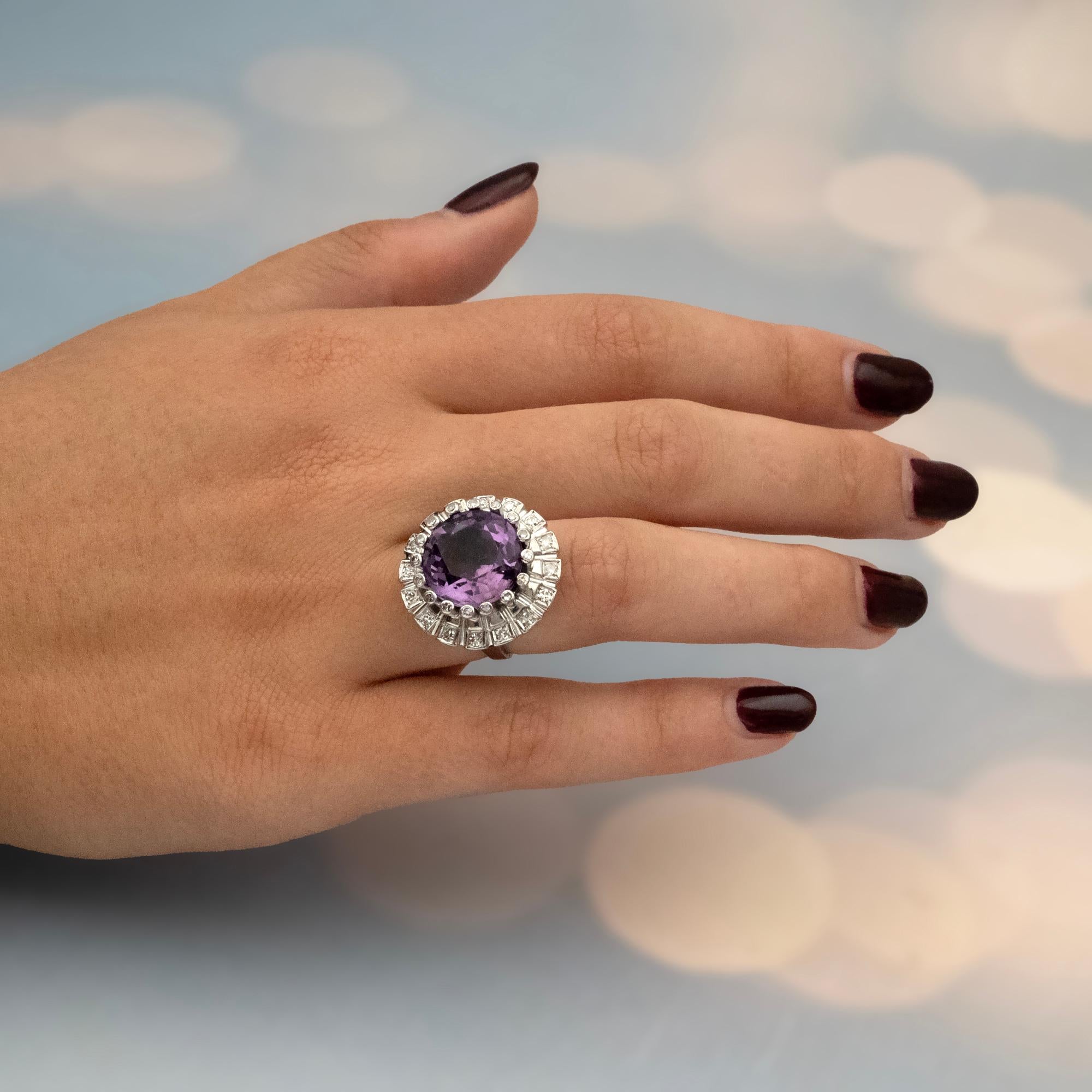 Women's Vintage Platinum Amethyst and Diamond Round Cocktail Ring For Sale