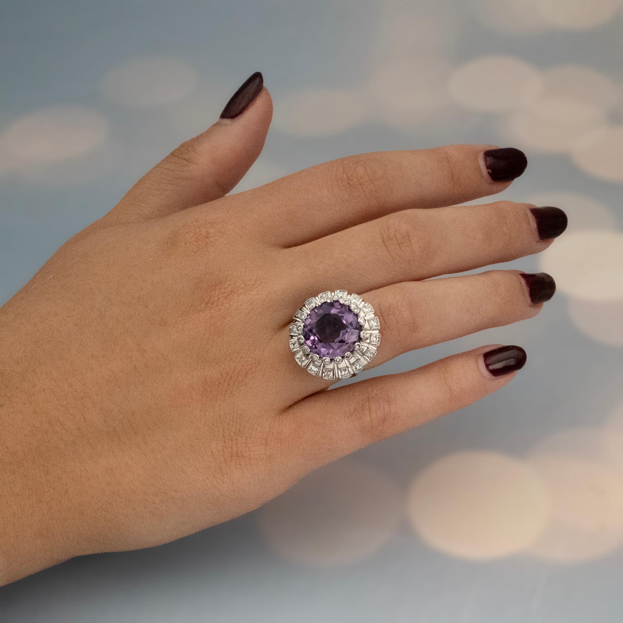 Vintage Platinum Amethyst and Diamond Round Cocktail Ring For Sale 1