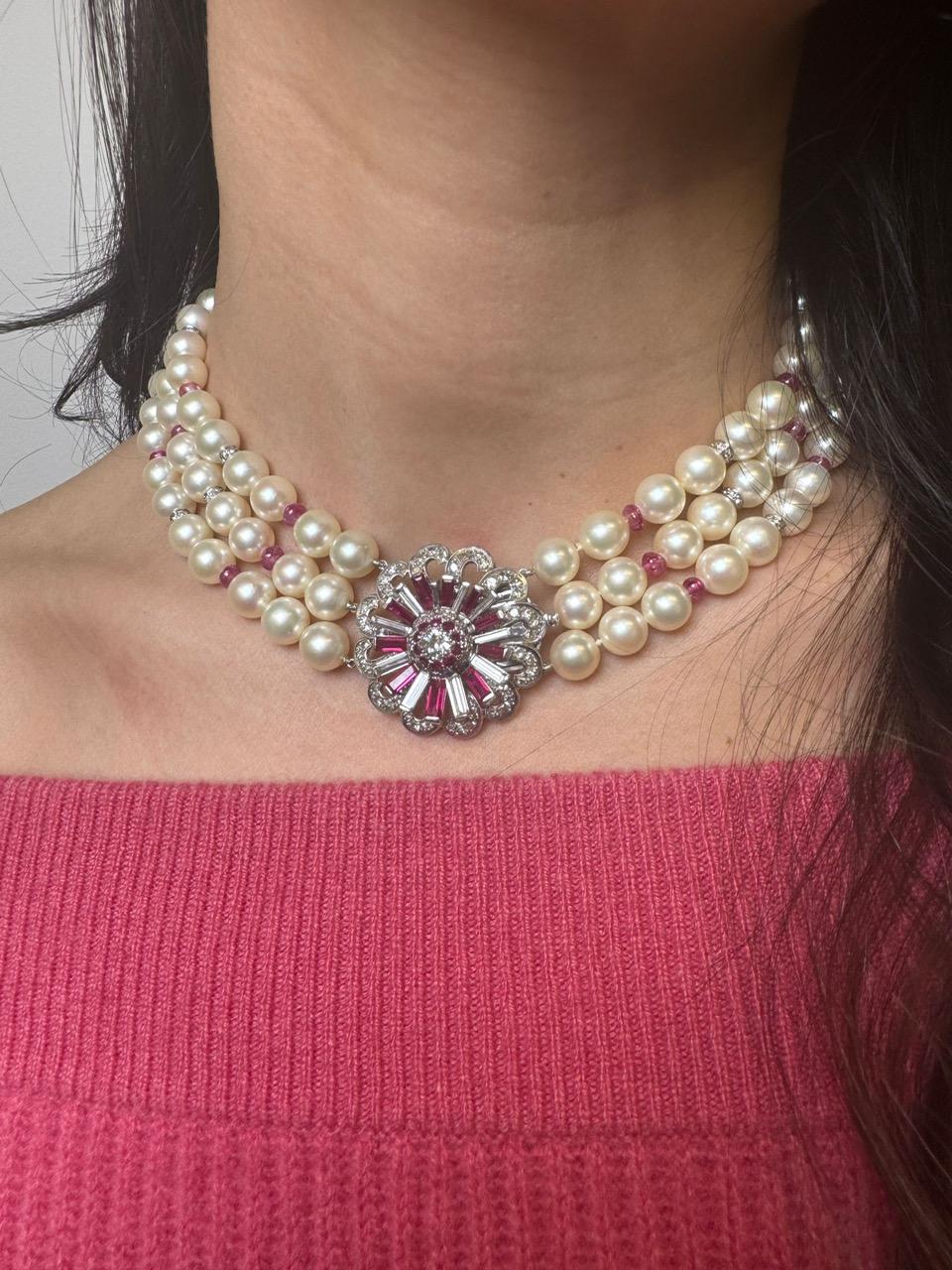 Vintage Platinum and 14K Gold Pearl Necklace with Ruby and Diamond Floral Clasp For Sale 9