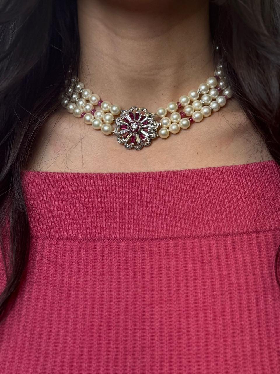 Vintage Platinum and 14K Gold Pearl Necklace with Ruby and Diamond Floral Clasp For Sale 10