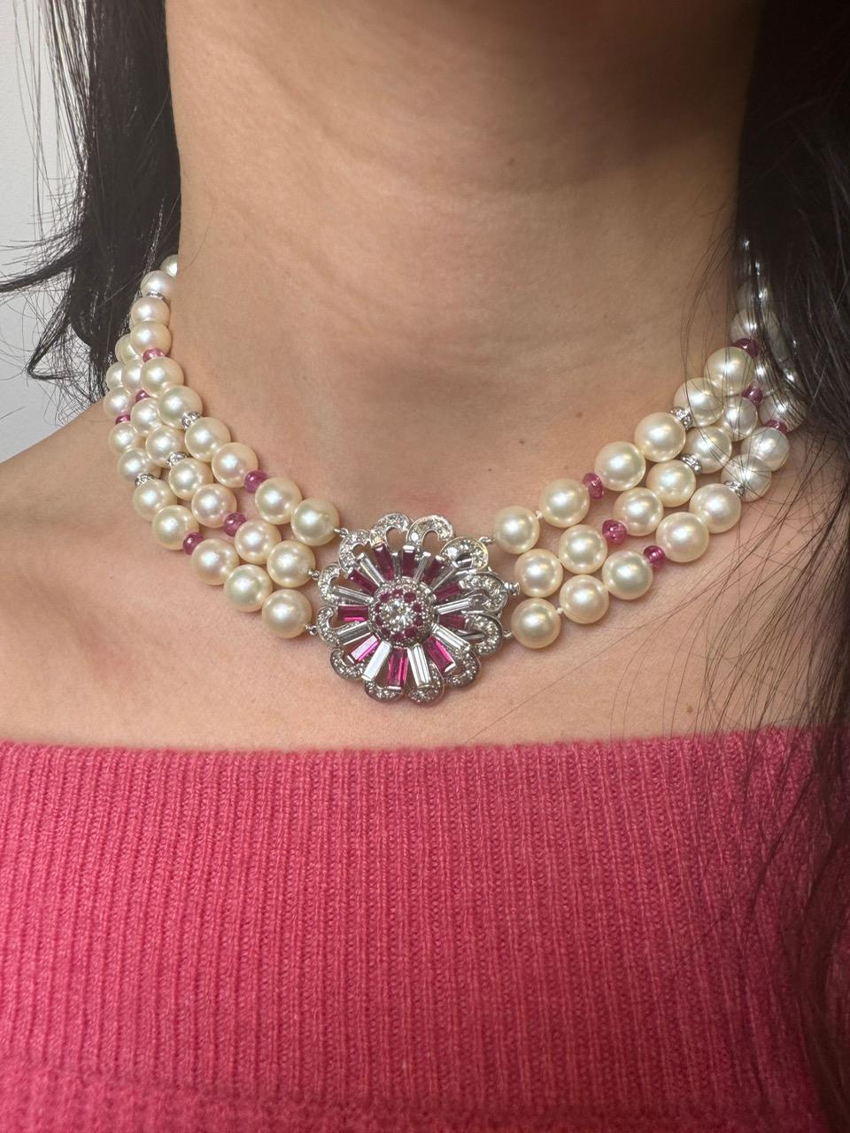 Vintage Platinum and 14K Gold Pearl Necklace with Ruby and Diamond Floral Clasp For Sale 11