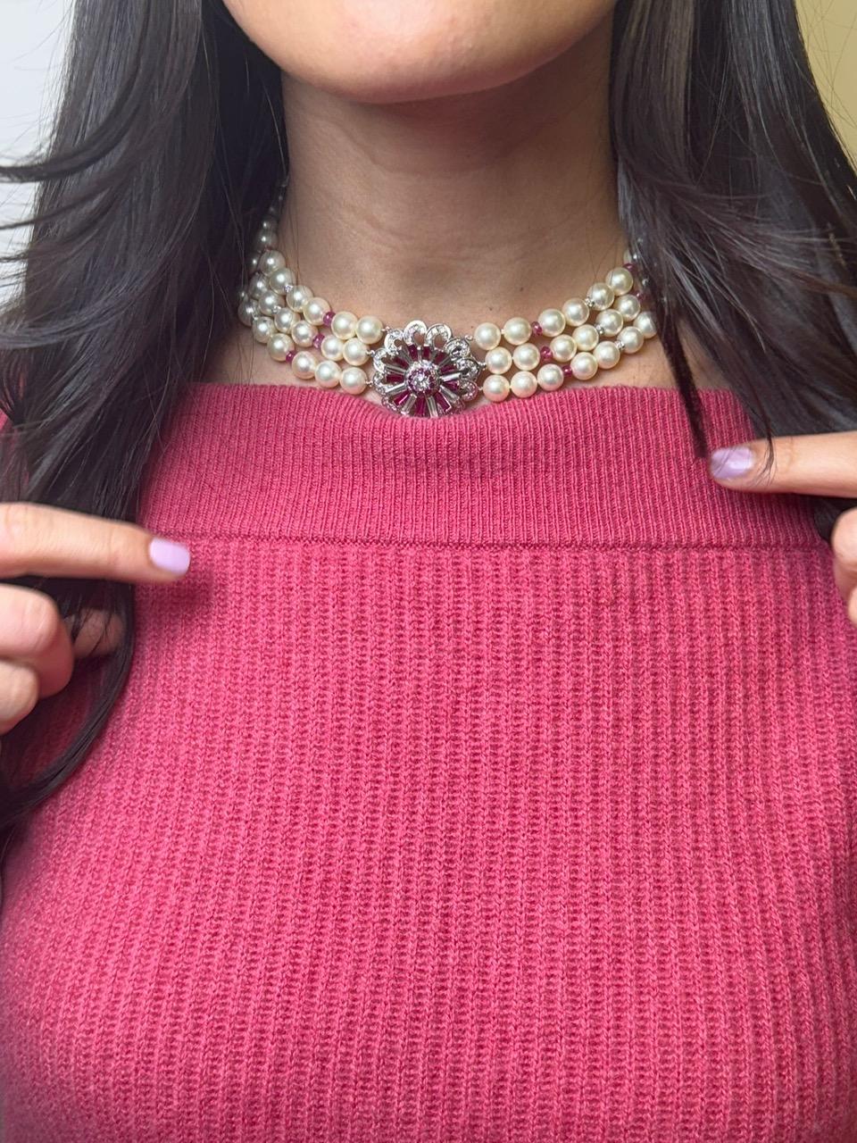 Vintage Platinum and 14K Gold Pearl Necklace with Ruby and Diamond Floral Clasp For Sale 12