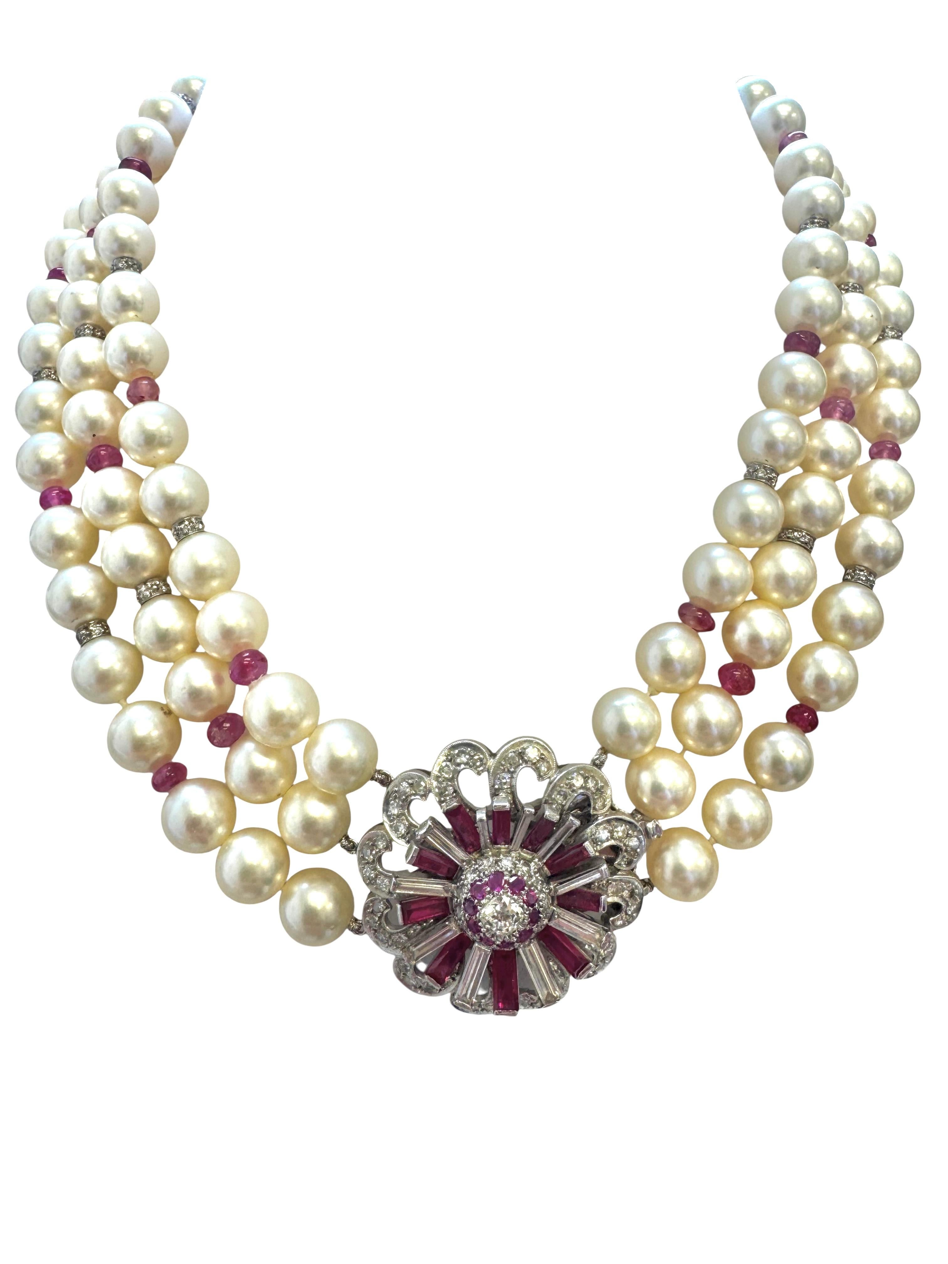 Vintage Platinum and 14K Gold Pearl Necklace with Ruby and Diamond Floral Clasp For Sale 13