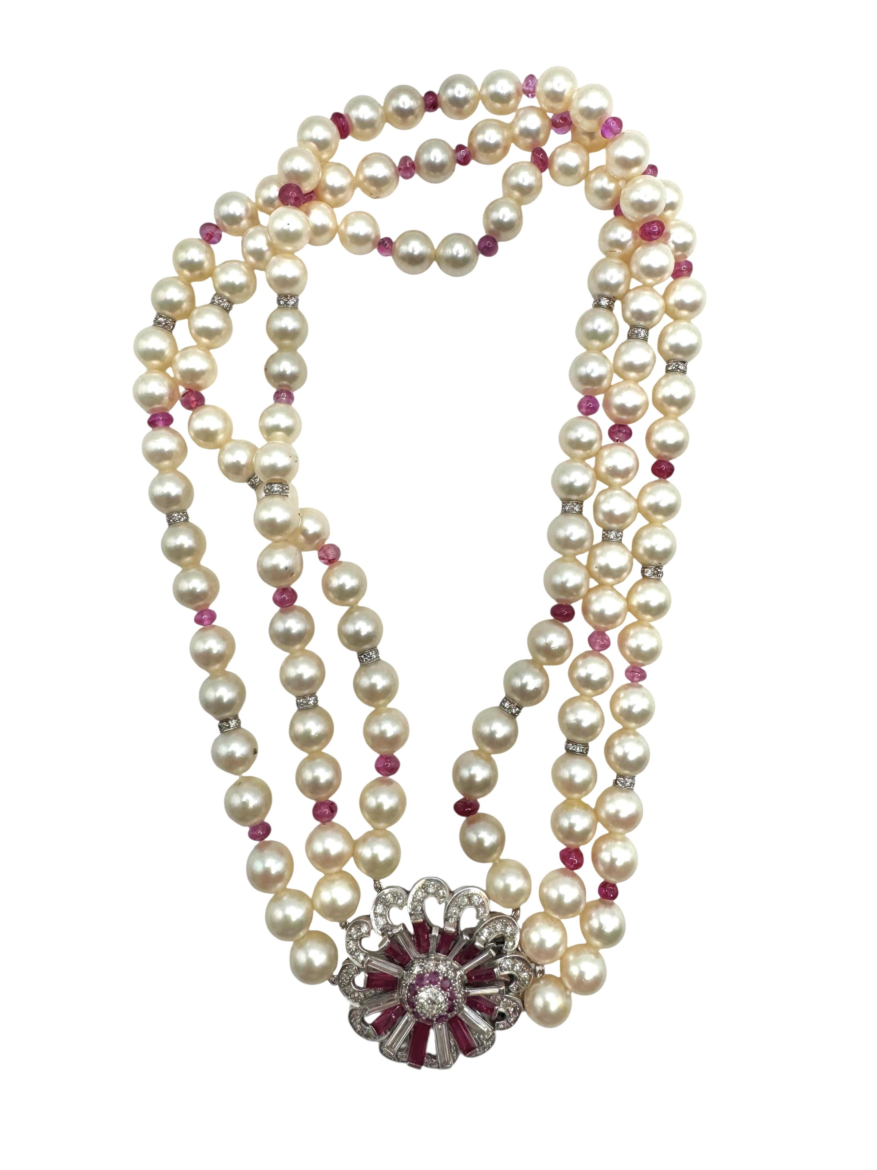Vintage Platinum and 14K Gold Pearl Necklace with Ruby and Diamond Floral Clasp For Sale 14