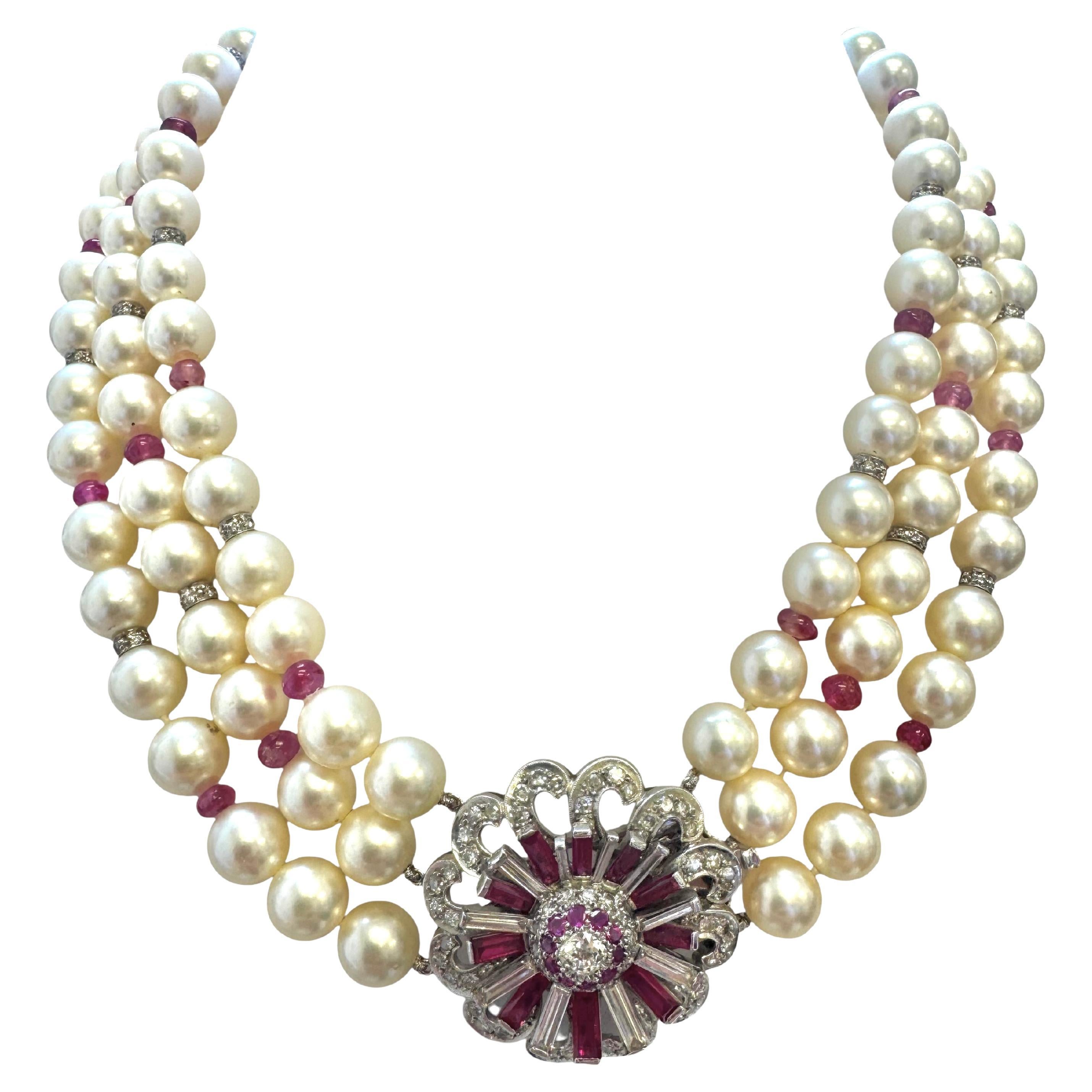 Vintage Platinum and 14K Gold Pearl Necklace with Ruby and Diamond Floral Clasp