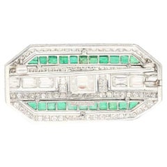 Vintage Platinum and 18k White Gold Brooch with Diamonds and Emerald