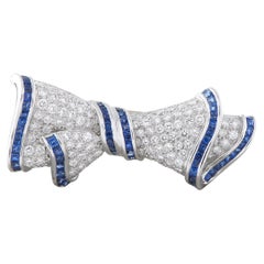 Vintage Platinum and 18K Yellow Gold 2.40ct Diamond and Sapphire Bow Brooch