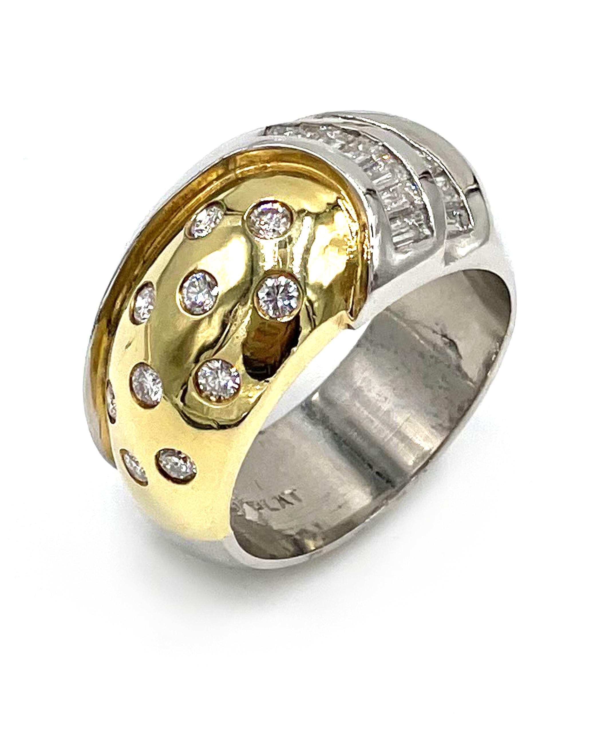 Vintage Platinum and 18K yellow gold ring with 13 baguette diamonds and 10 round diamonds totaling 0.88 carats. G/H color, VS clarity. (Created circa 1990)

-Finger size: 6.5