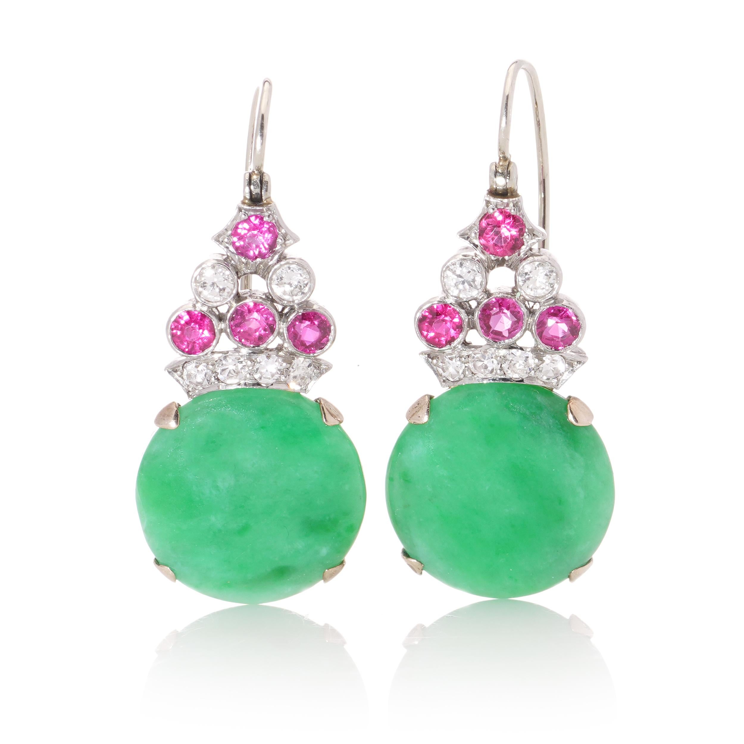 Brilliant Cut Vintage Platinum and 9kt. gold hook earrings with Jadeite, diamonds, and rubies.