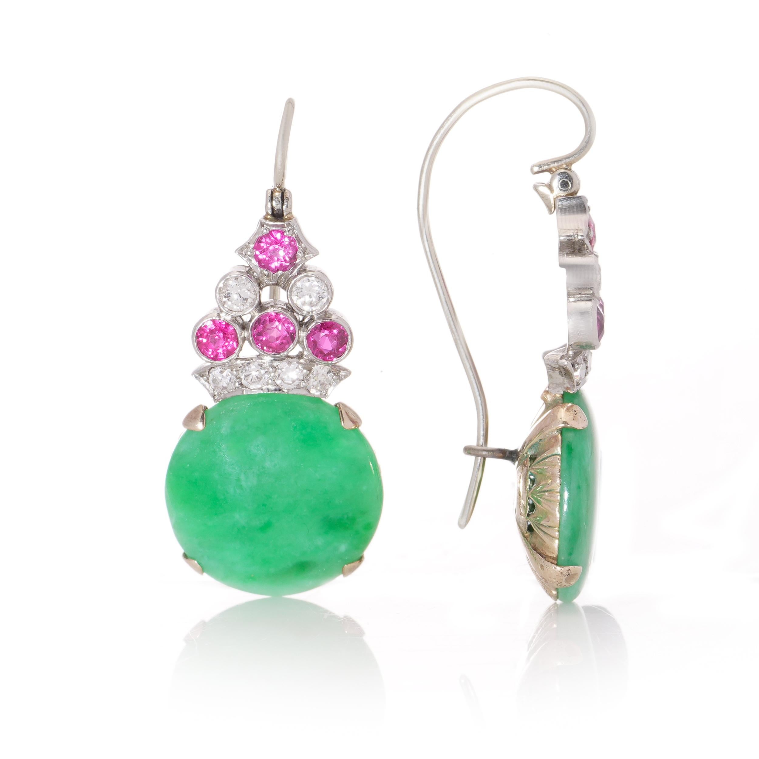 Vintage Platinum and 9kt. gold hook earrings with Jadeite, diamonds, and rubies. In Good Condition In Braintree, GB