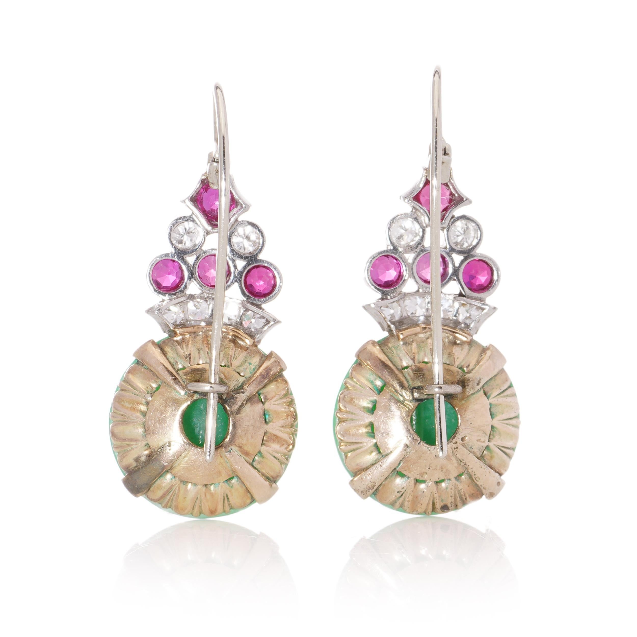 Women's or Men's Vintage Platinum and 9kt. gold hook earrings with Jadeite, diamonds, and rubies.
