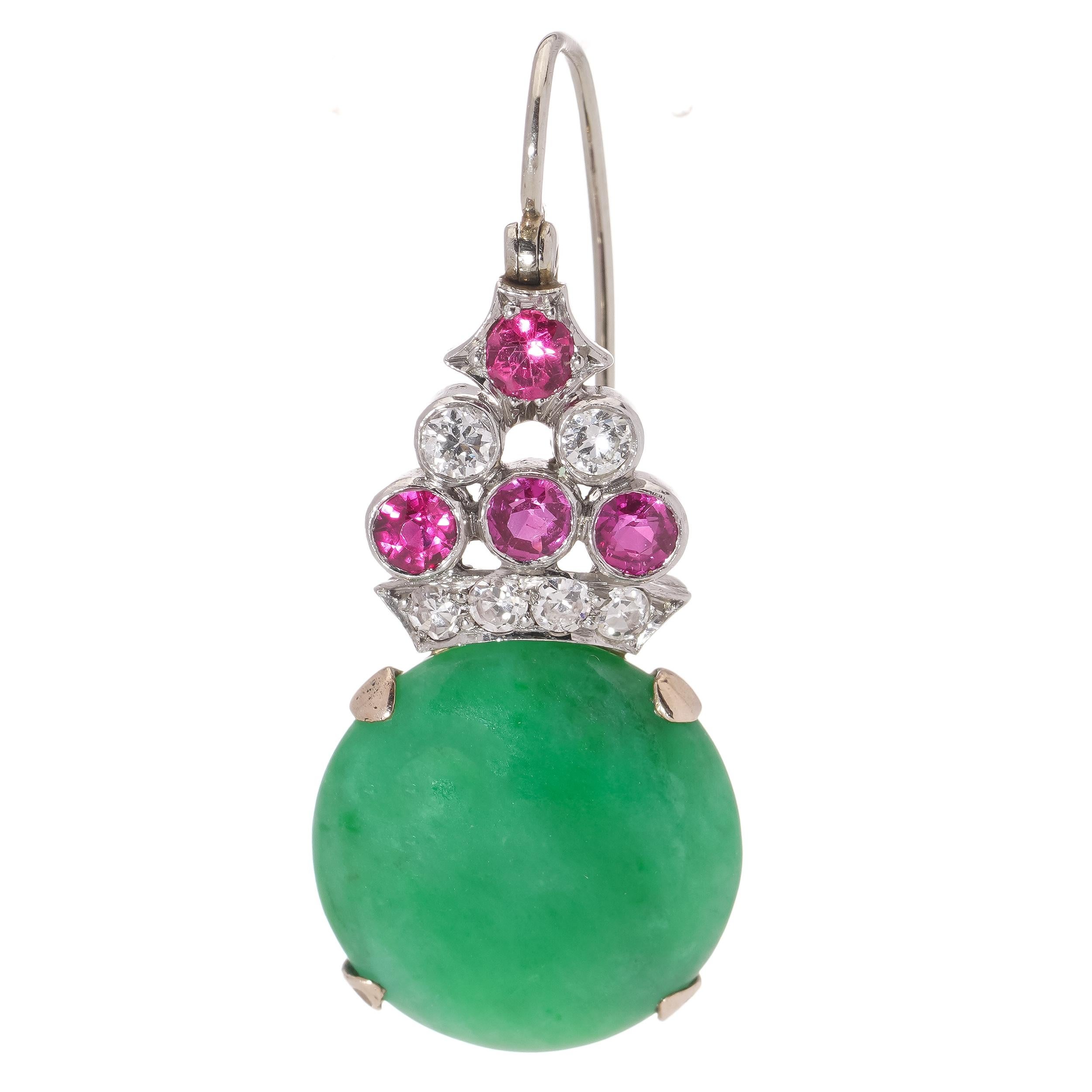 Vintage Platinum and 9kt. gold hook earrings with Jadeite, diamonds, and rubies. 1