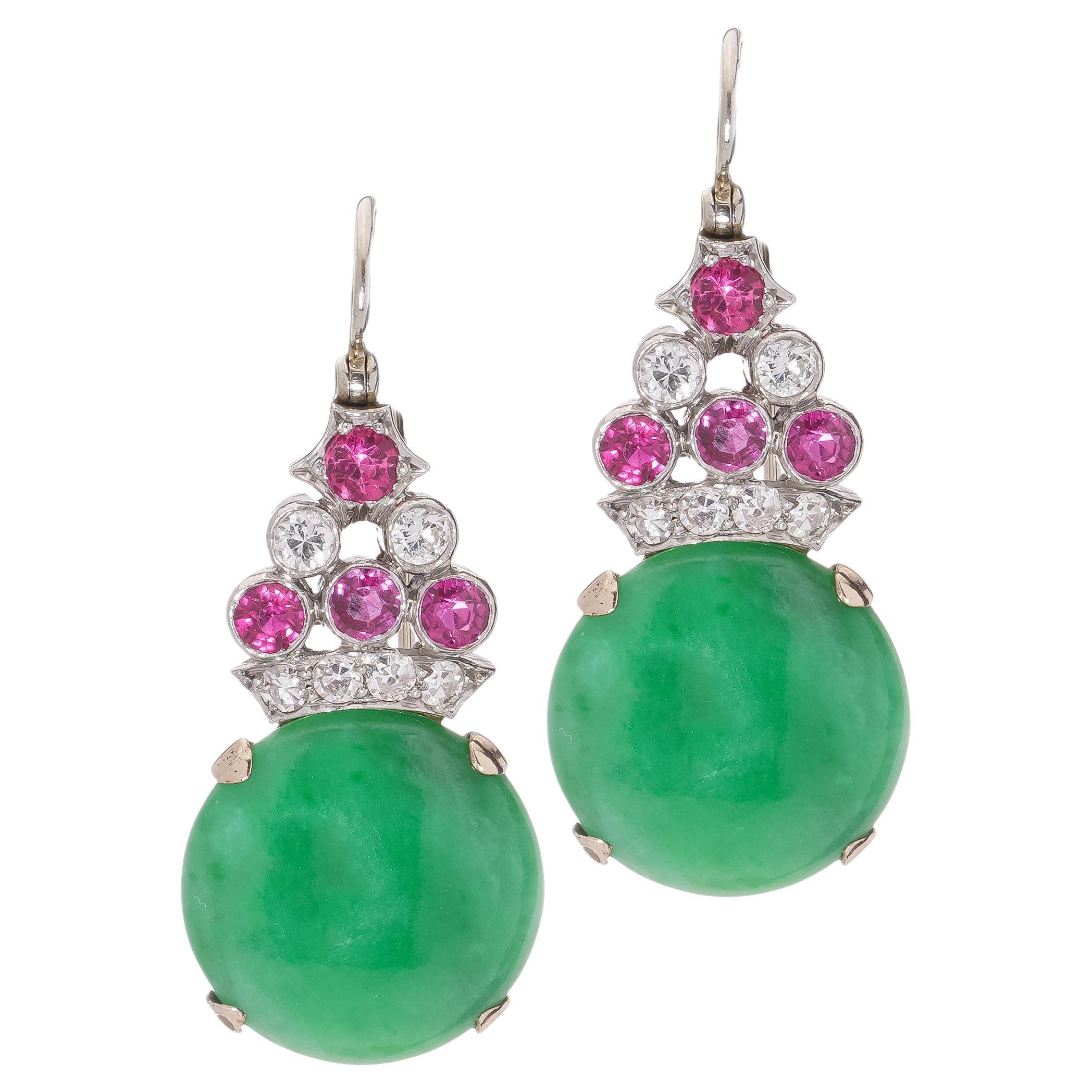 Vintage Platinum and 9kt. gold hook earrings with Jadeite, diamonds, and rubies.