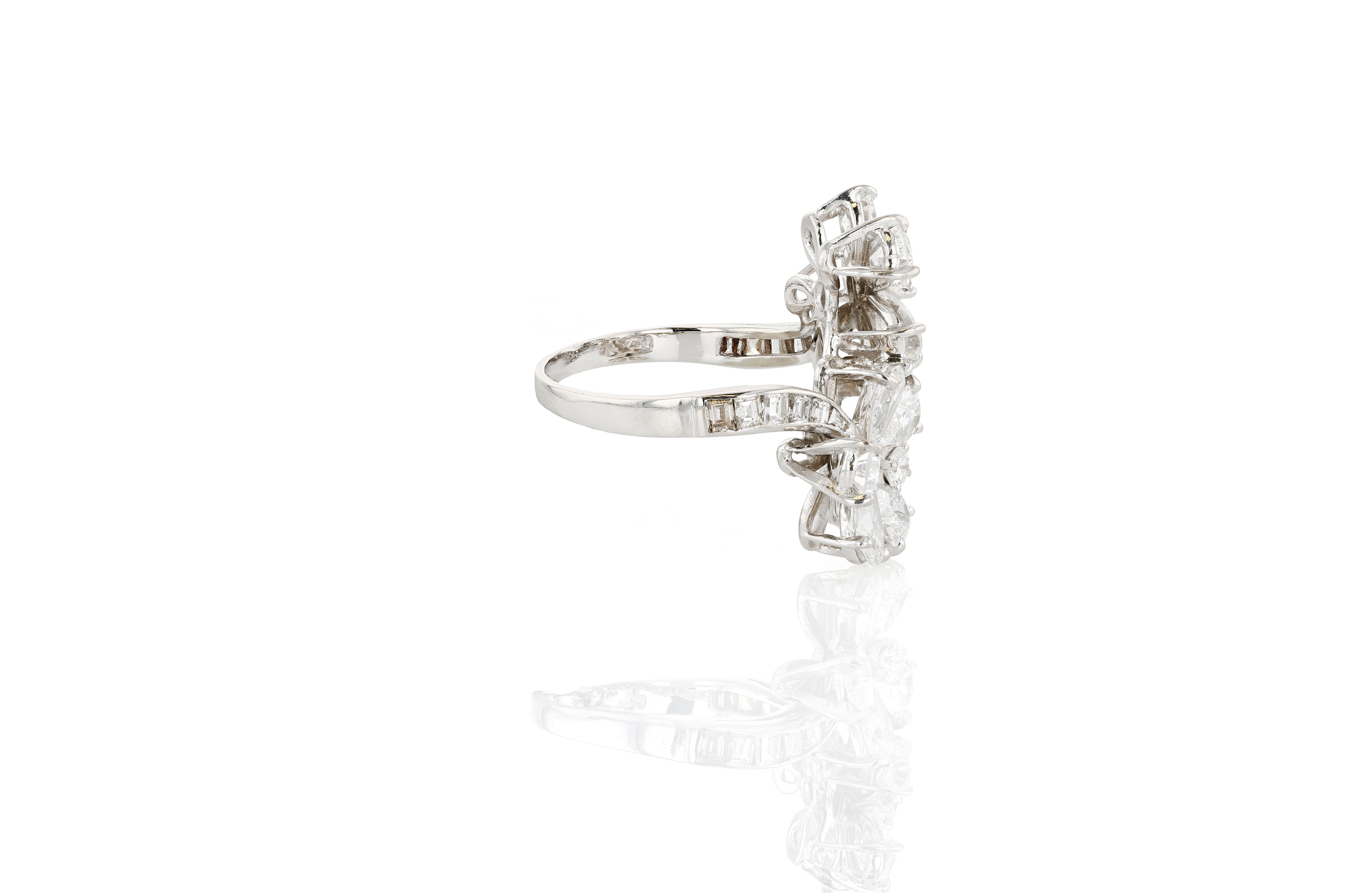 Contemporary Vintage Platinum and Diamond Floral Bypass Ring For Sale