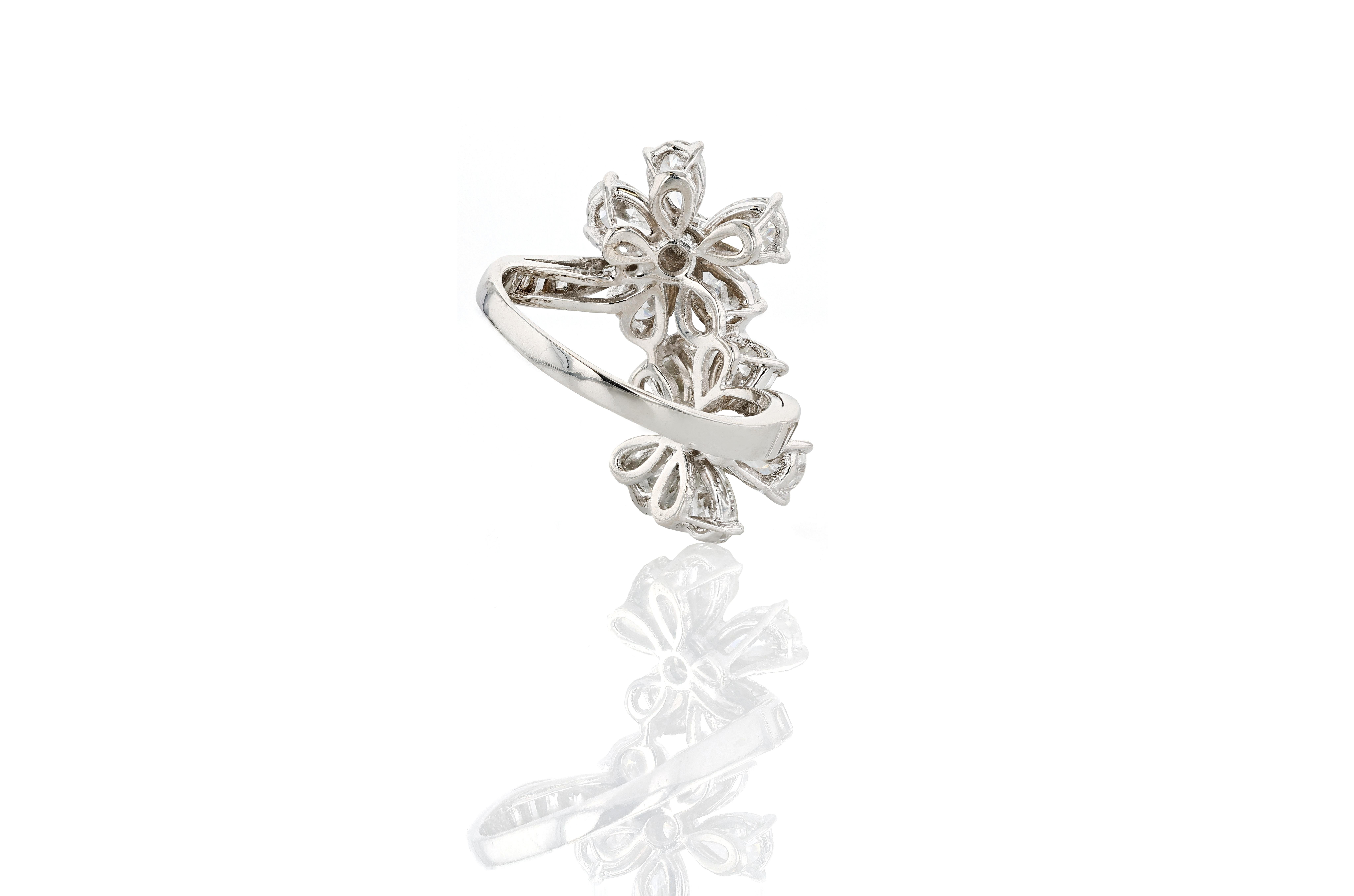 Pear Cut Vintage Platinum and Diamond Floral Bypass Ring For Sale