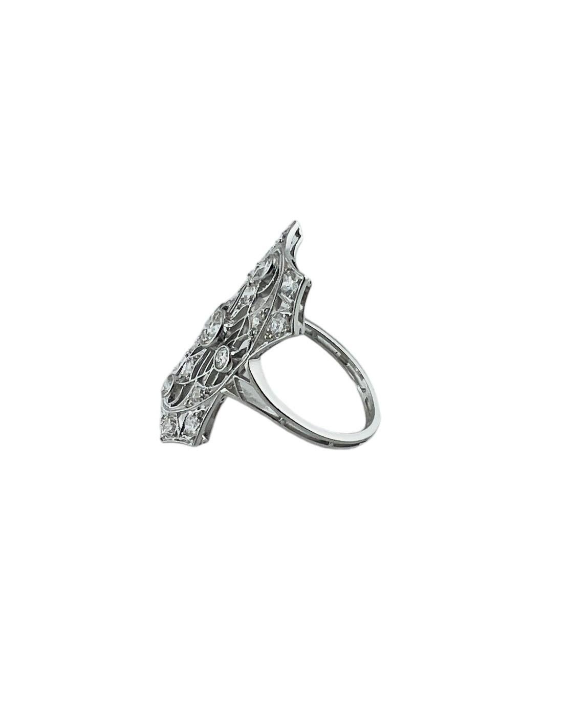 Brilliant Cut Vintage Platinum and Diamond Long Filigree Ring Size 6.5 #16761 For Sale
