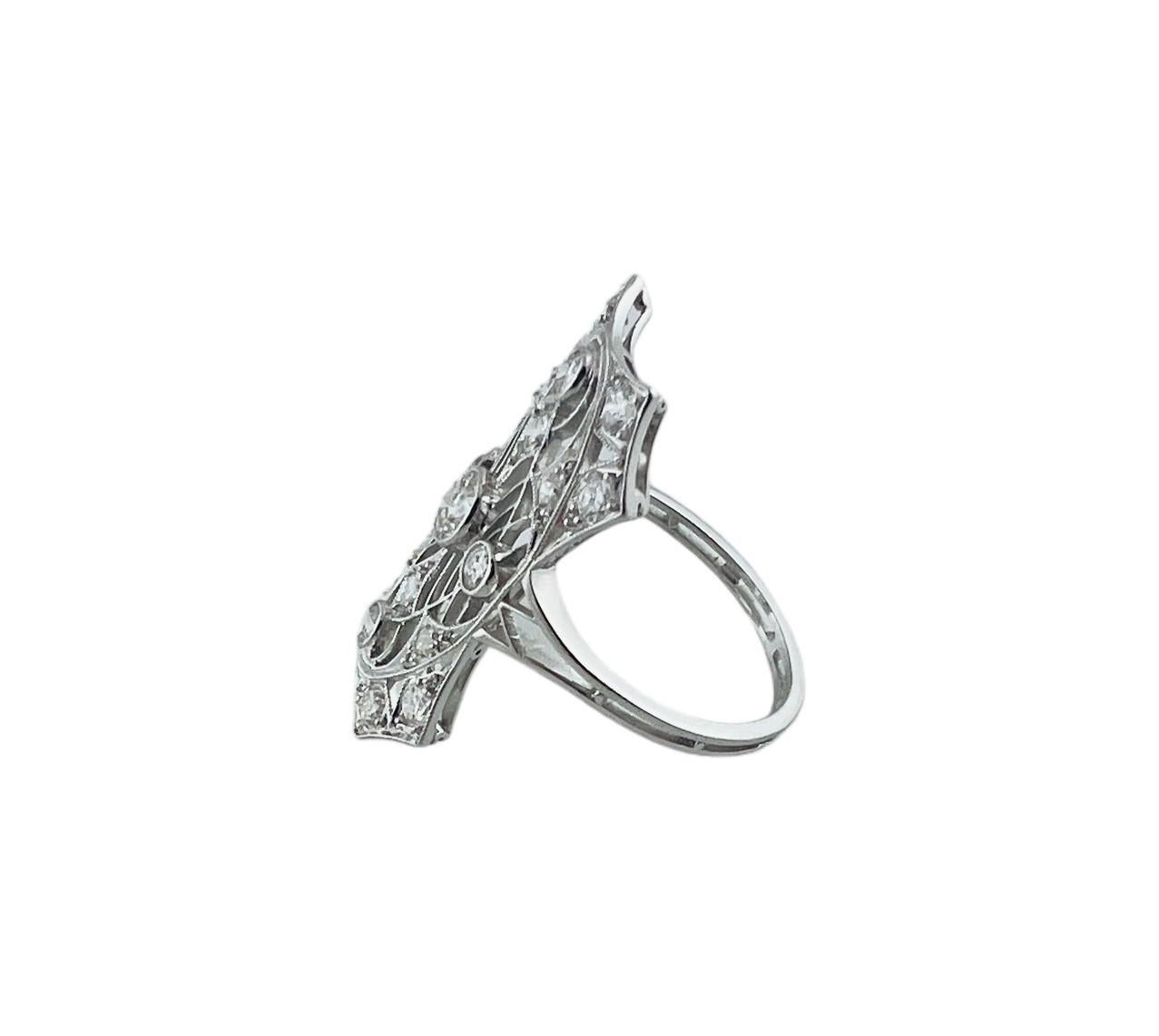 Vintage Platinum and Diamond Long Filigree Ring Size 6.5 #16761 In Good Condition For Sale In Washington Depot, CT