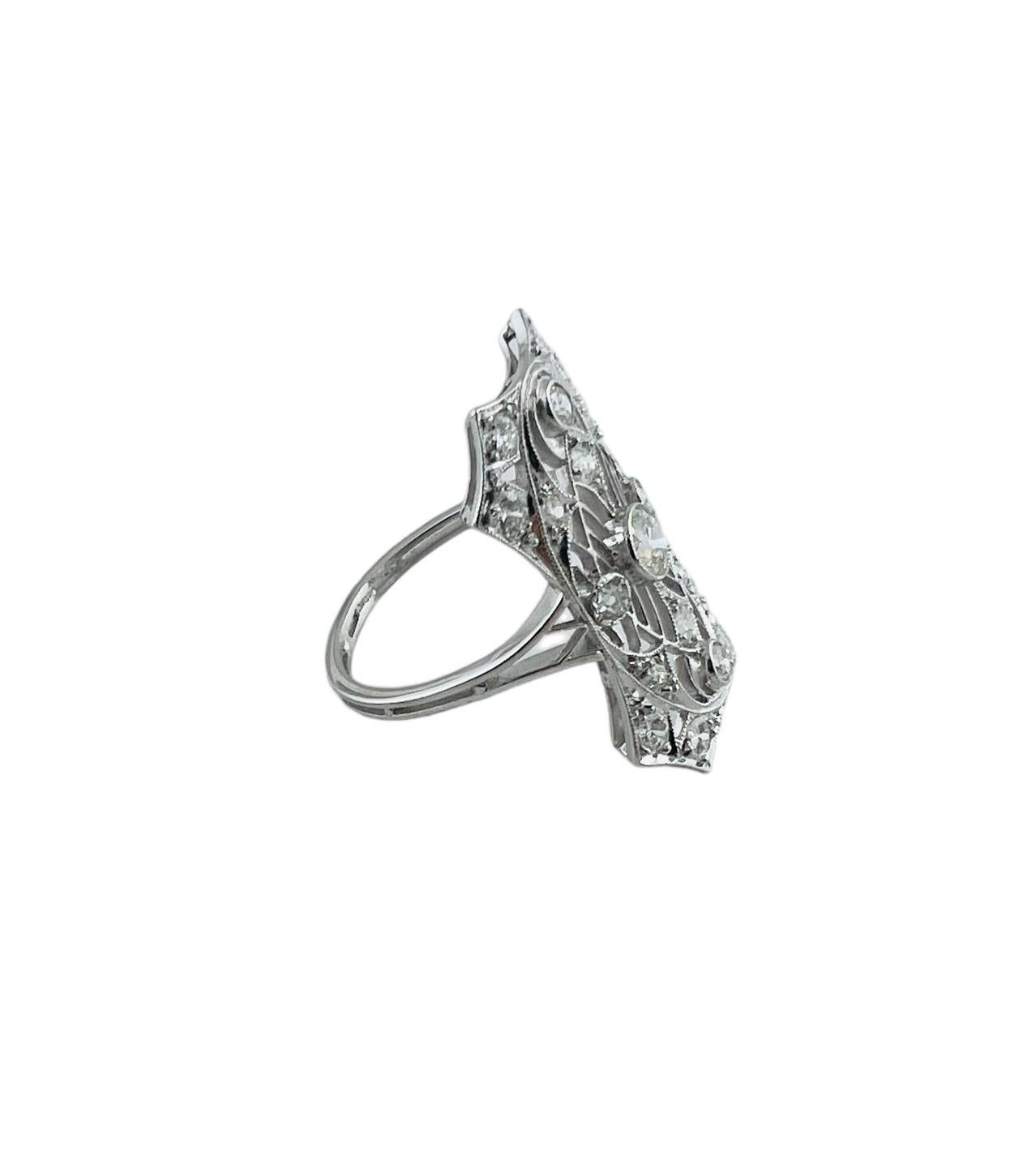 Vintage Platinum and Diamond Long Filigree Ring Size 6.5 #16761 For Sale 2