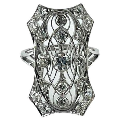 Vintage Platinum and Diamond Long Filigree Ring Size 6.5 #16761 For Sale