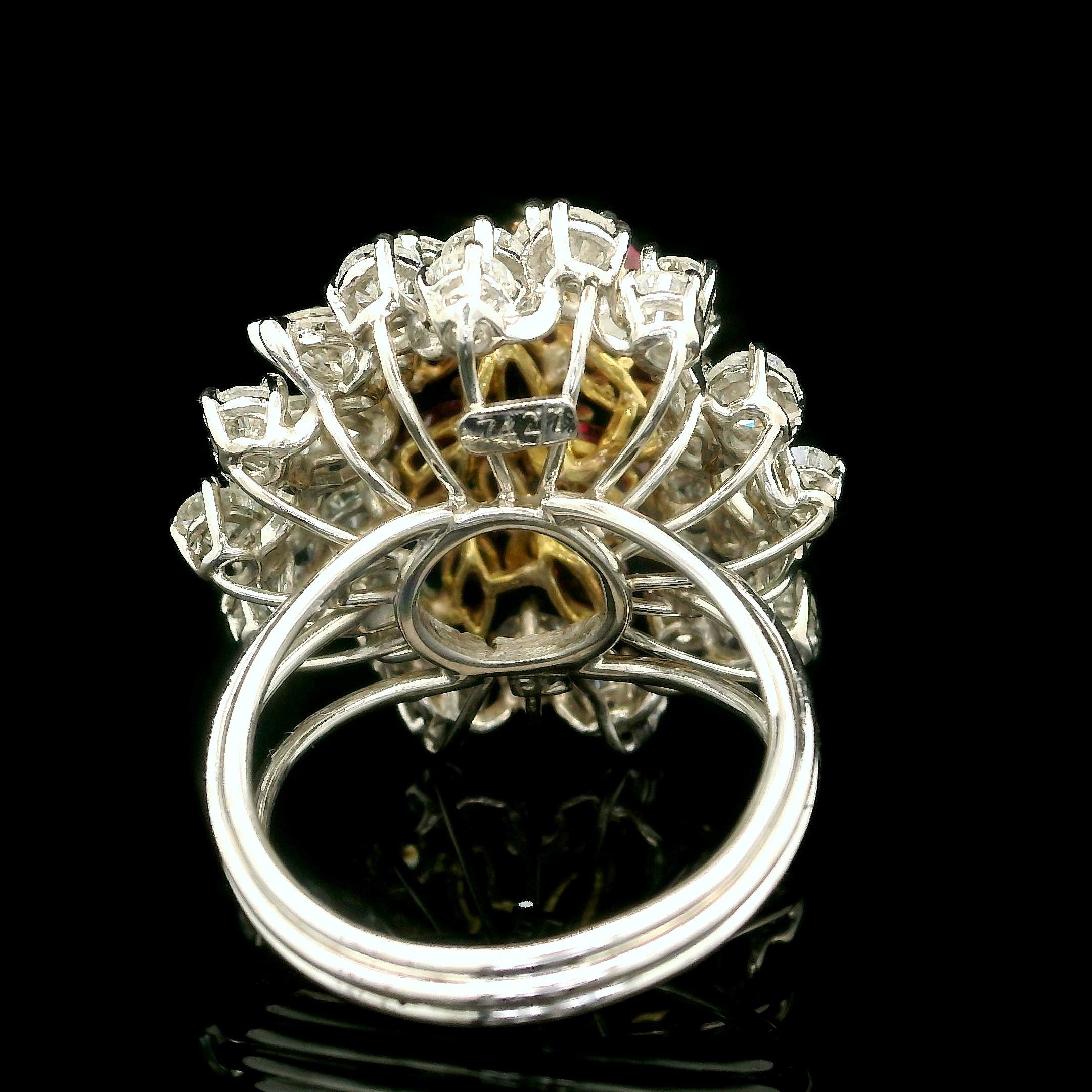 Vintage Platinum and Gold 7ctw Ruby & Diamond Cluster Spray Handmade Wire Ring For Sale 5