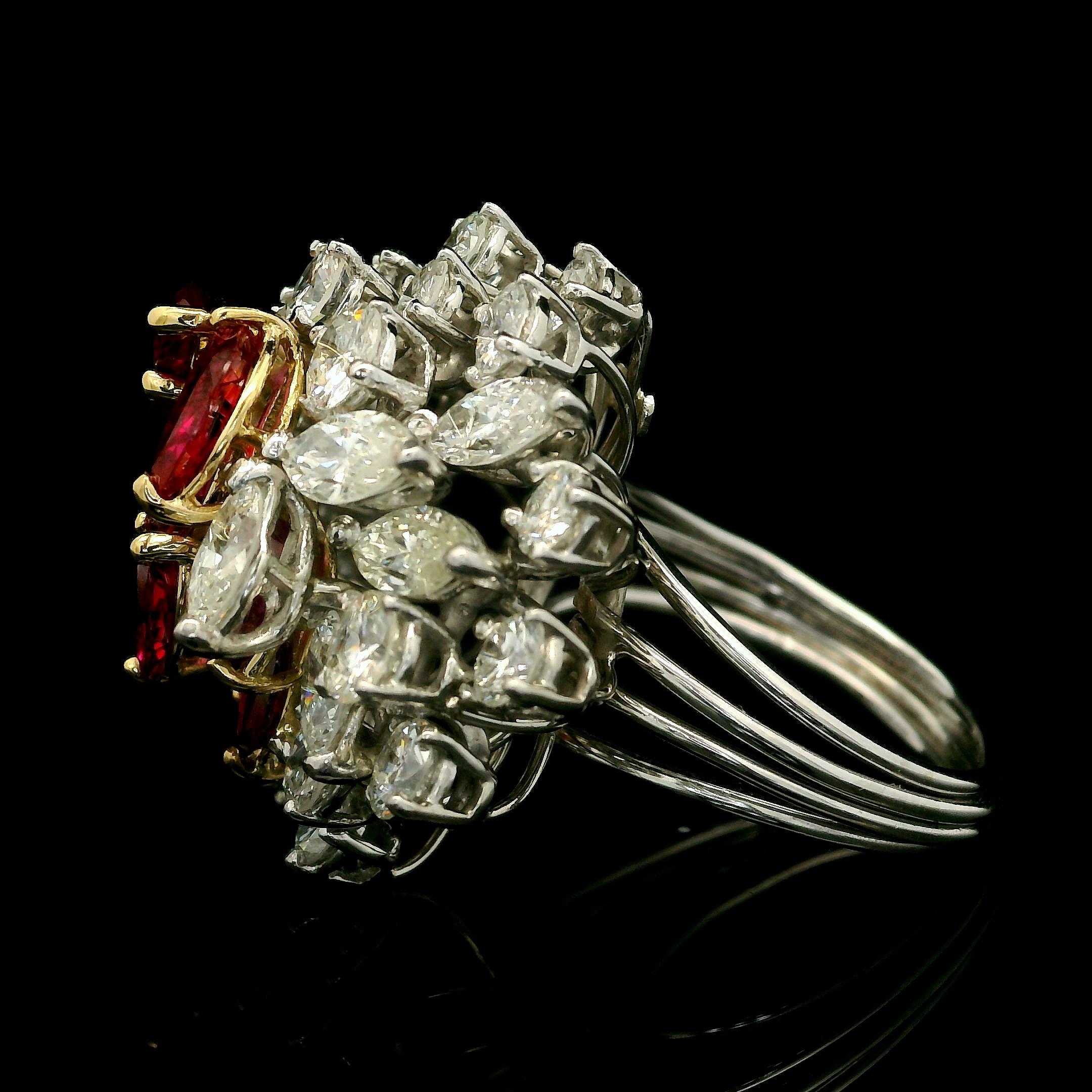 Vintage Platinum and Gold 7ctw Ruby & Diamond Cluster Spray Handmade Wire Ring For Sale 6