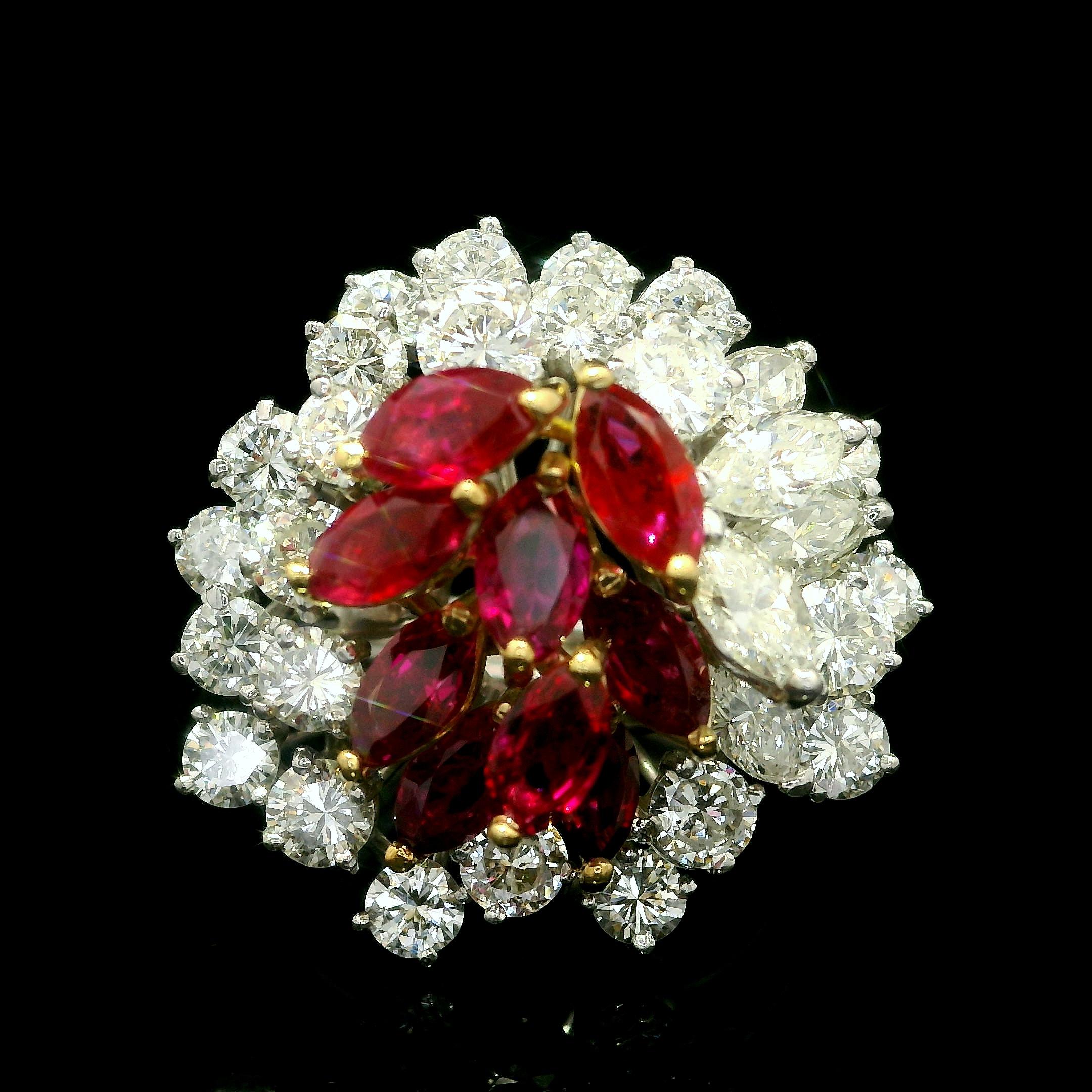 Vintage Platinum and Gold 7ctw Ruby & Diamond Cluster Spray Handmade Wire Ring For Sale 7