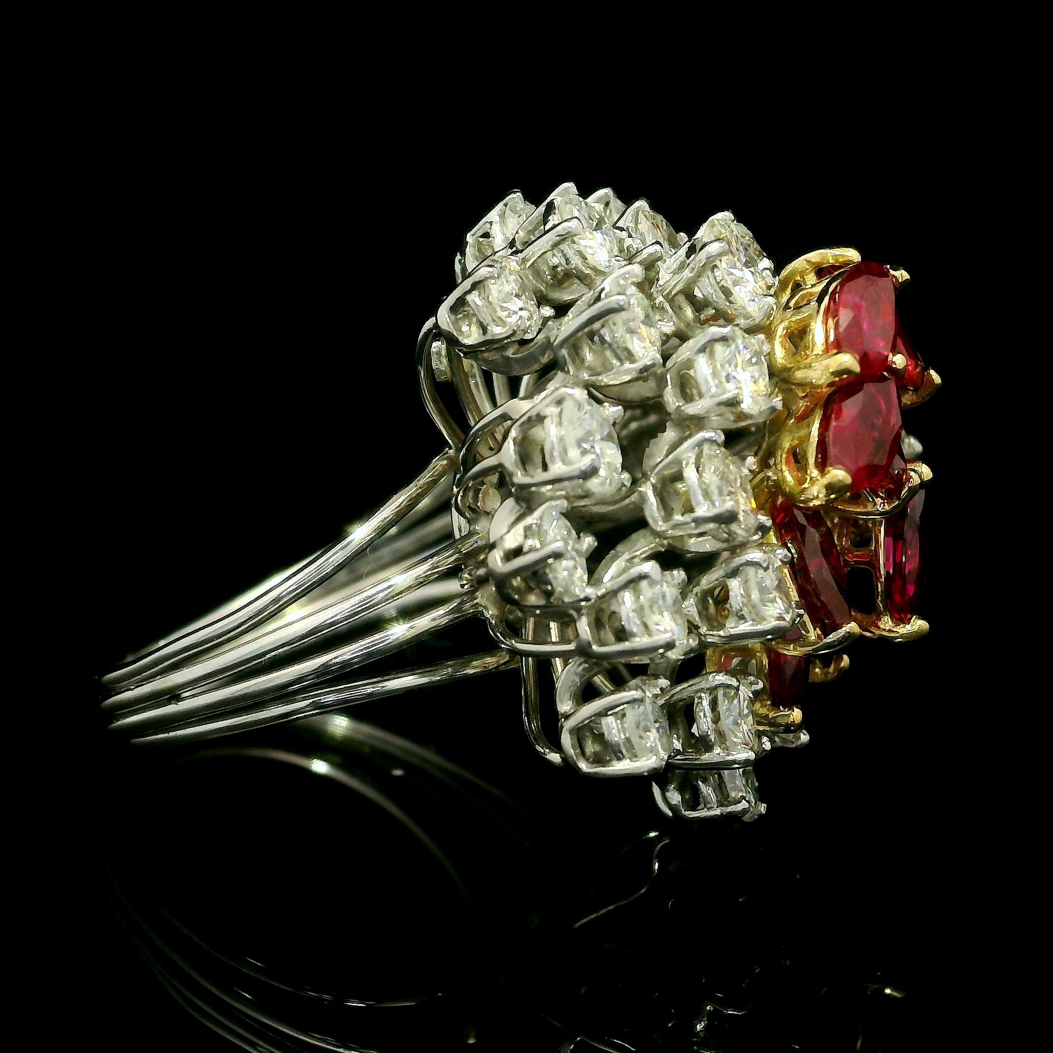 Vintage Platinum and Gold 7ctw Ruby & Diamond Cluster Spray Handmade Wire Ring For Sale 8