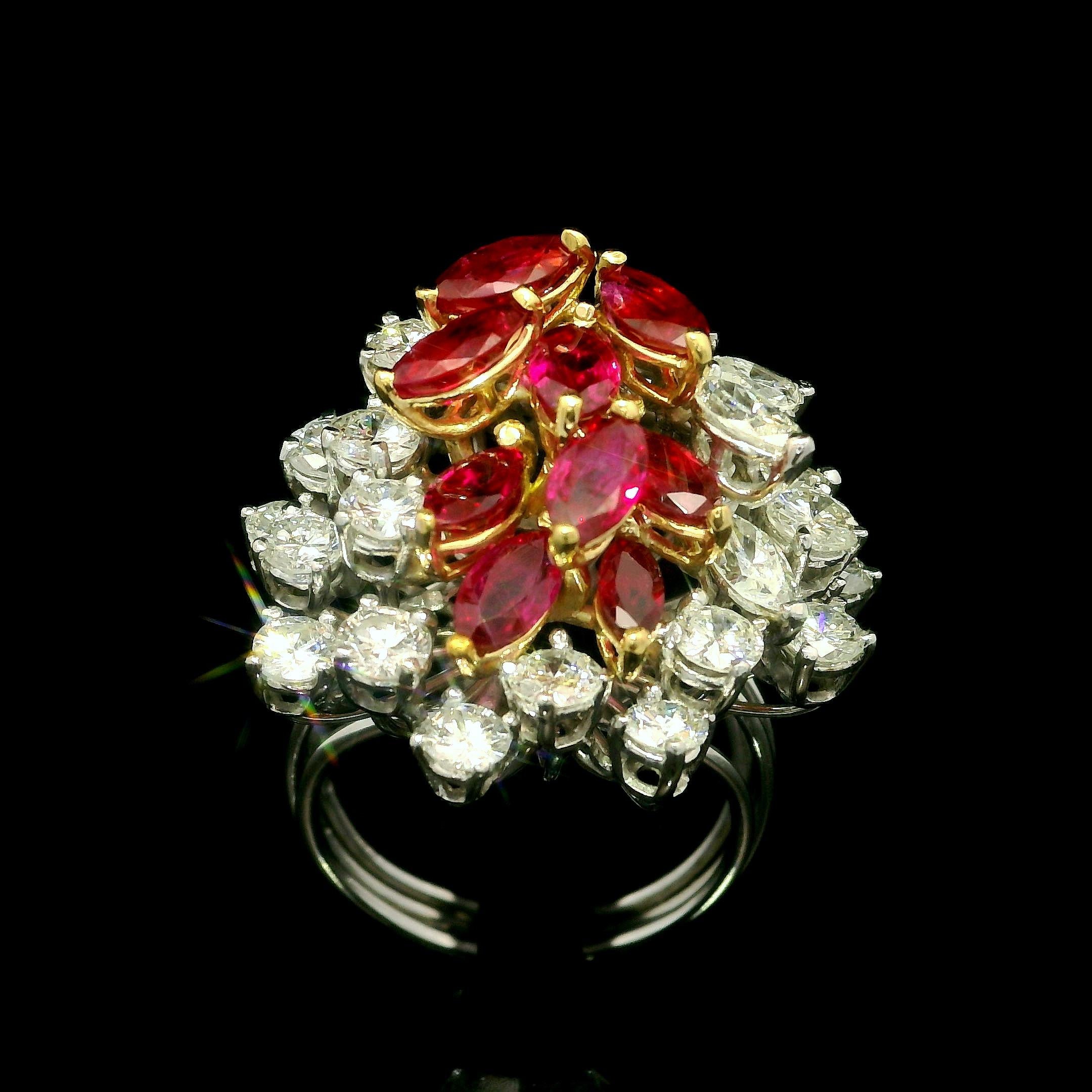 Vintage Platinum and Gold 7ctw Ruby & Diamond Cluster Spray Handmade Wire Ring For Sale 9