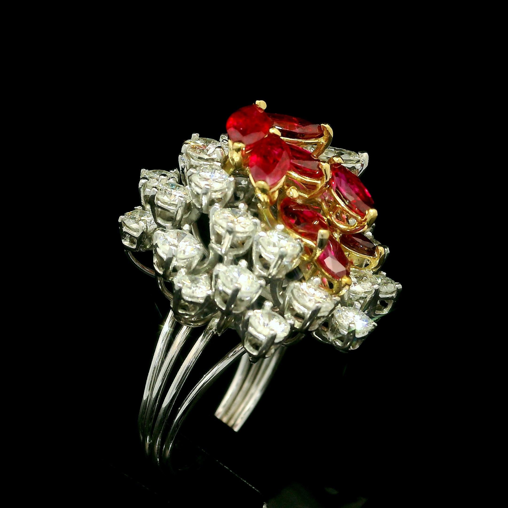 Vintage Platinum and Gold 7ctw Ruby & Diamond Cluster Spray Handmade Wire Ring For Sale 10