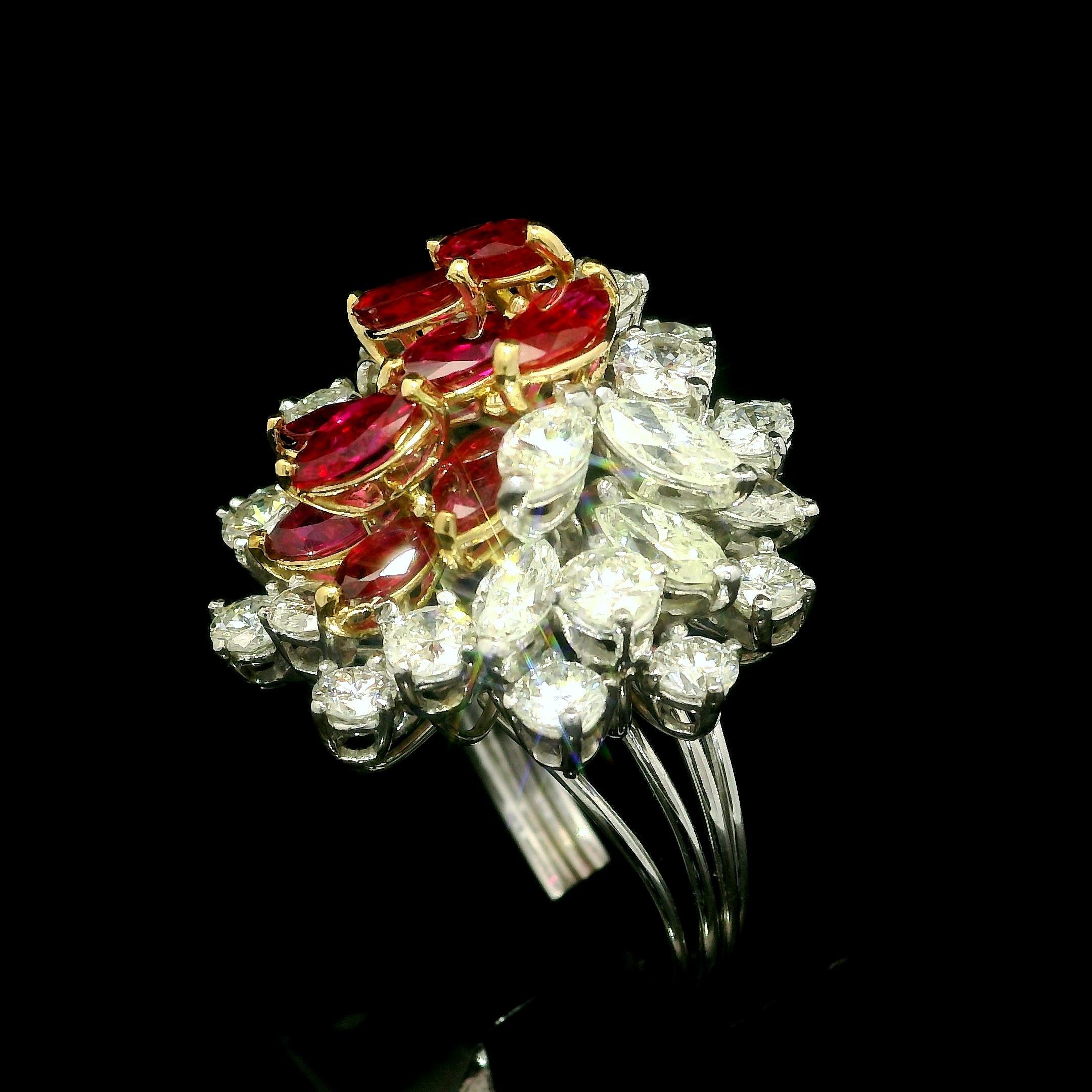 Vintage Platinum and Gold 7ctw Ruby & Diamond Cluster Spray Handmade Wire Ring For Sale 12