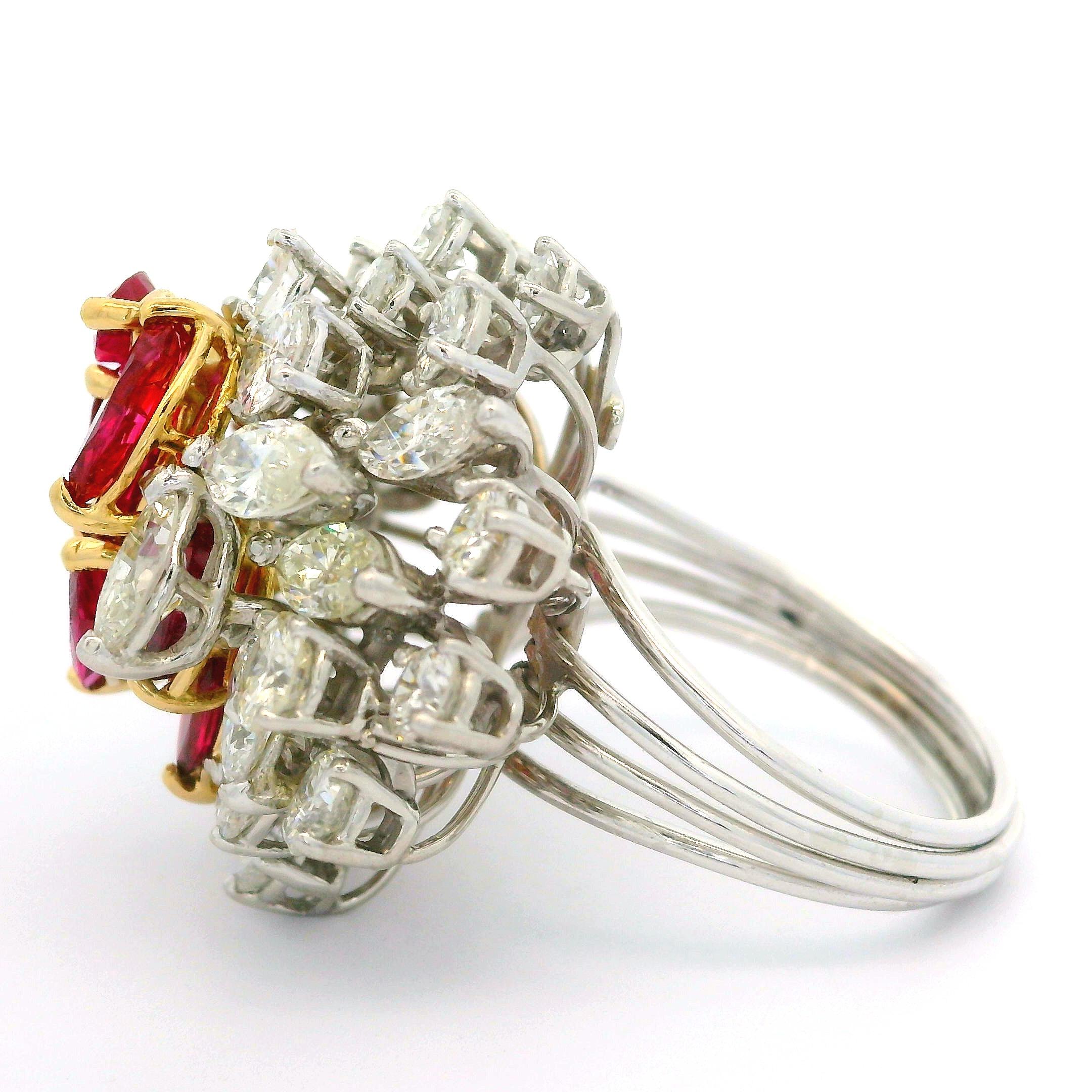 Marquise Cut Vintage Platinum and Gold 7ctw Ruby & Diamond Cluster Spray Handmade Wire Ring For Sale