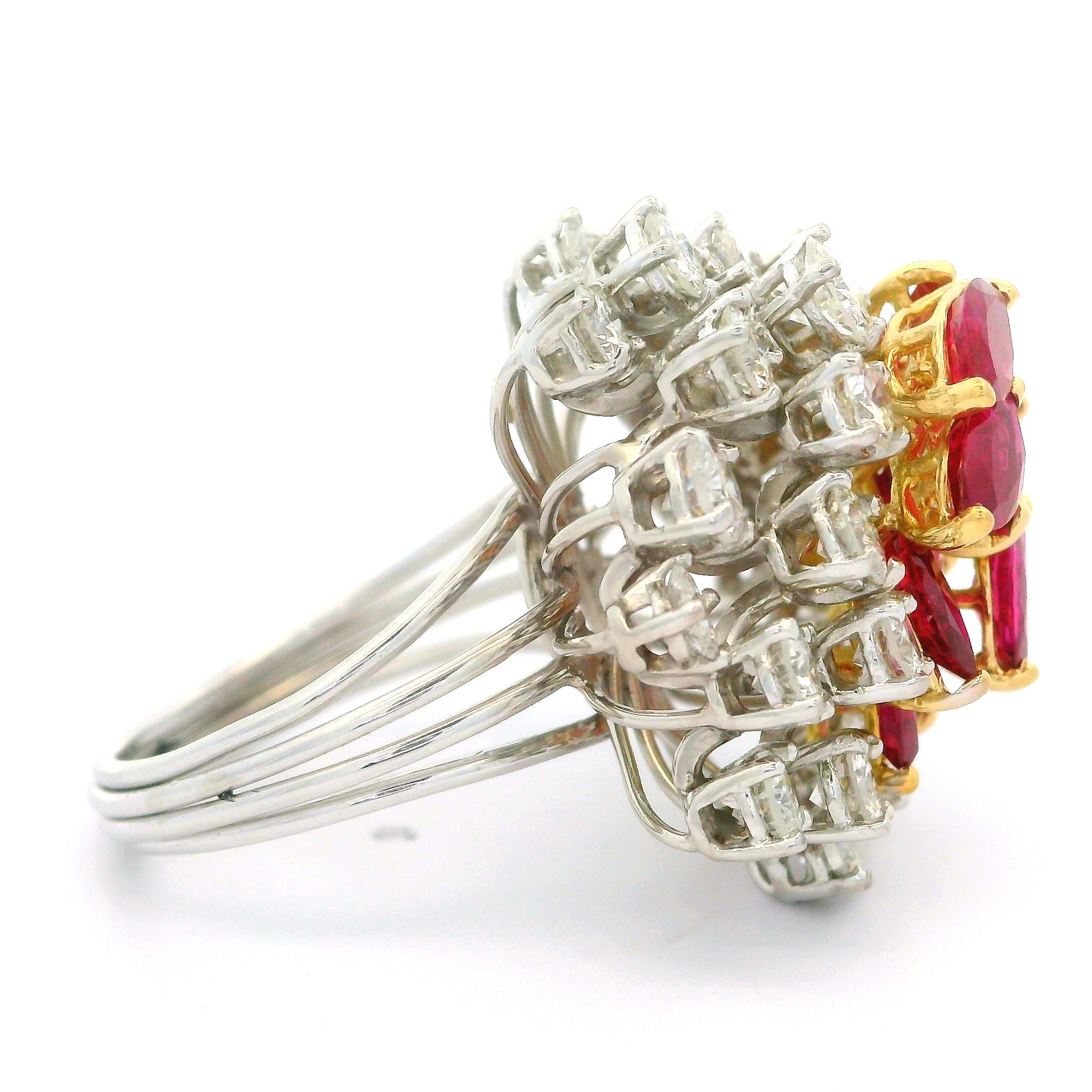 Vintage Platinum and Gold 7ctw Ruby & Diamond Cluster Spray Handmade Wire Ring In Excellent Condition For Sale In Montclair, NJ