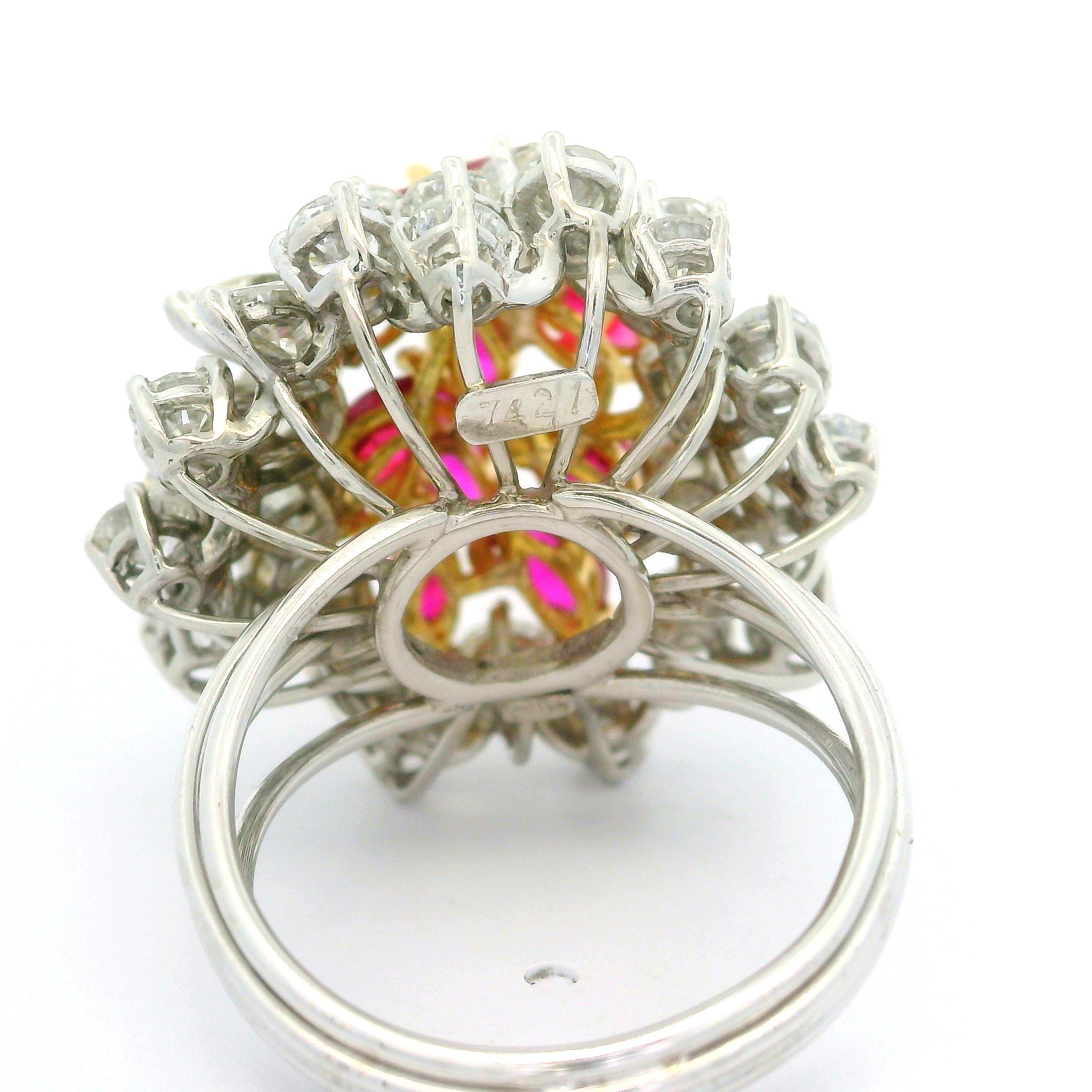 Women's Vintage Platinum and Gold 7ctw Ruby & Diamond Cluster Spray Handmade Wire Ring For Sale