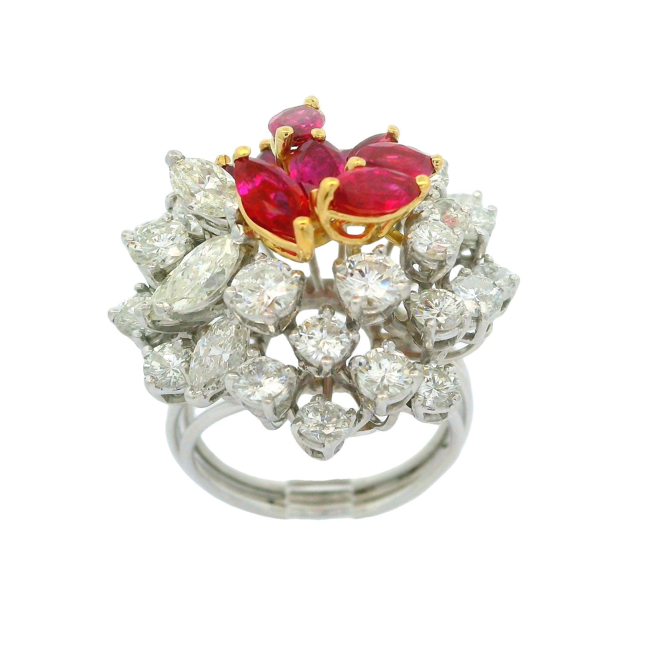 Vintage Platinum and Gold 7ctw Ruby & Diamond Cluster Spray Handmade Wire Ring For Sale 1