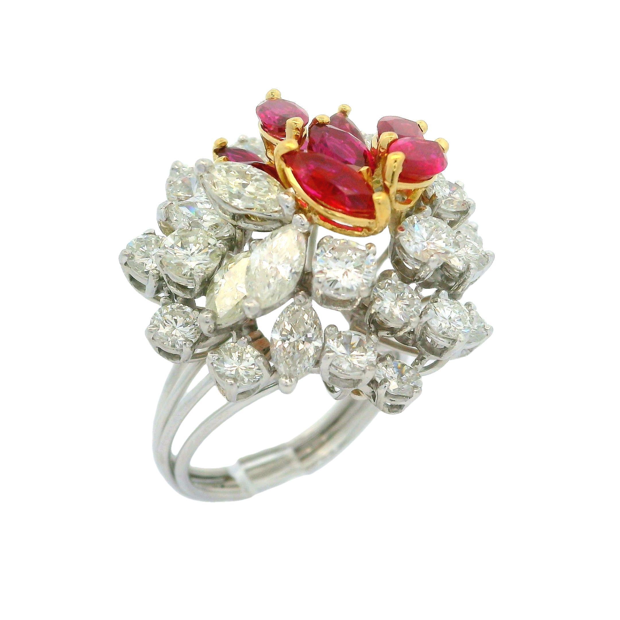 Vintage Platinum and Gold 7ctw Ruby & Diamond Cluster Spray Handmade Wire Ring For Sale 2