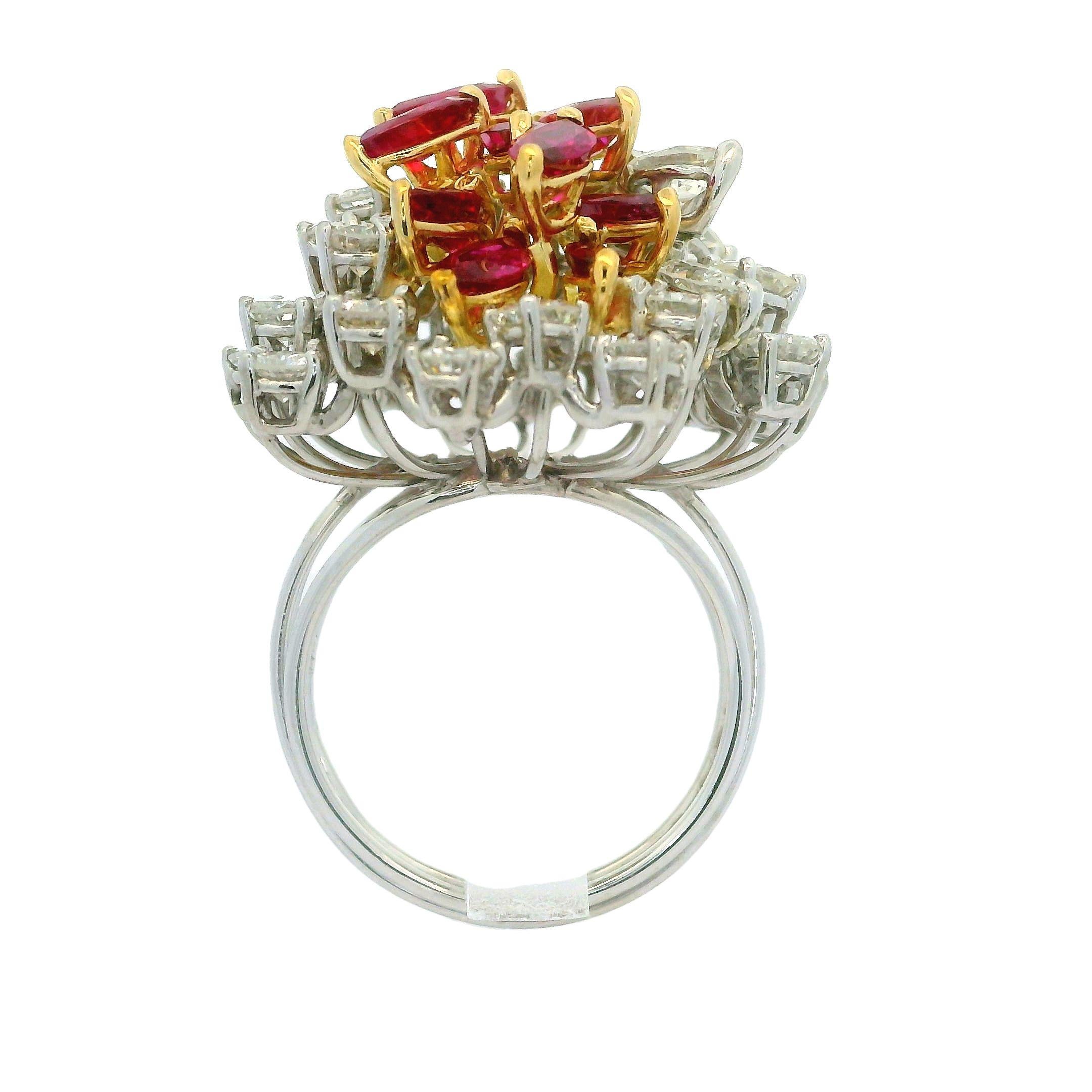 Vintage Platinum and Gold 7ctw Ruby & Diamond Cluster Spray Handmade Wire Ring For Sale 3