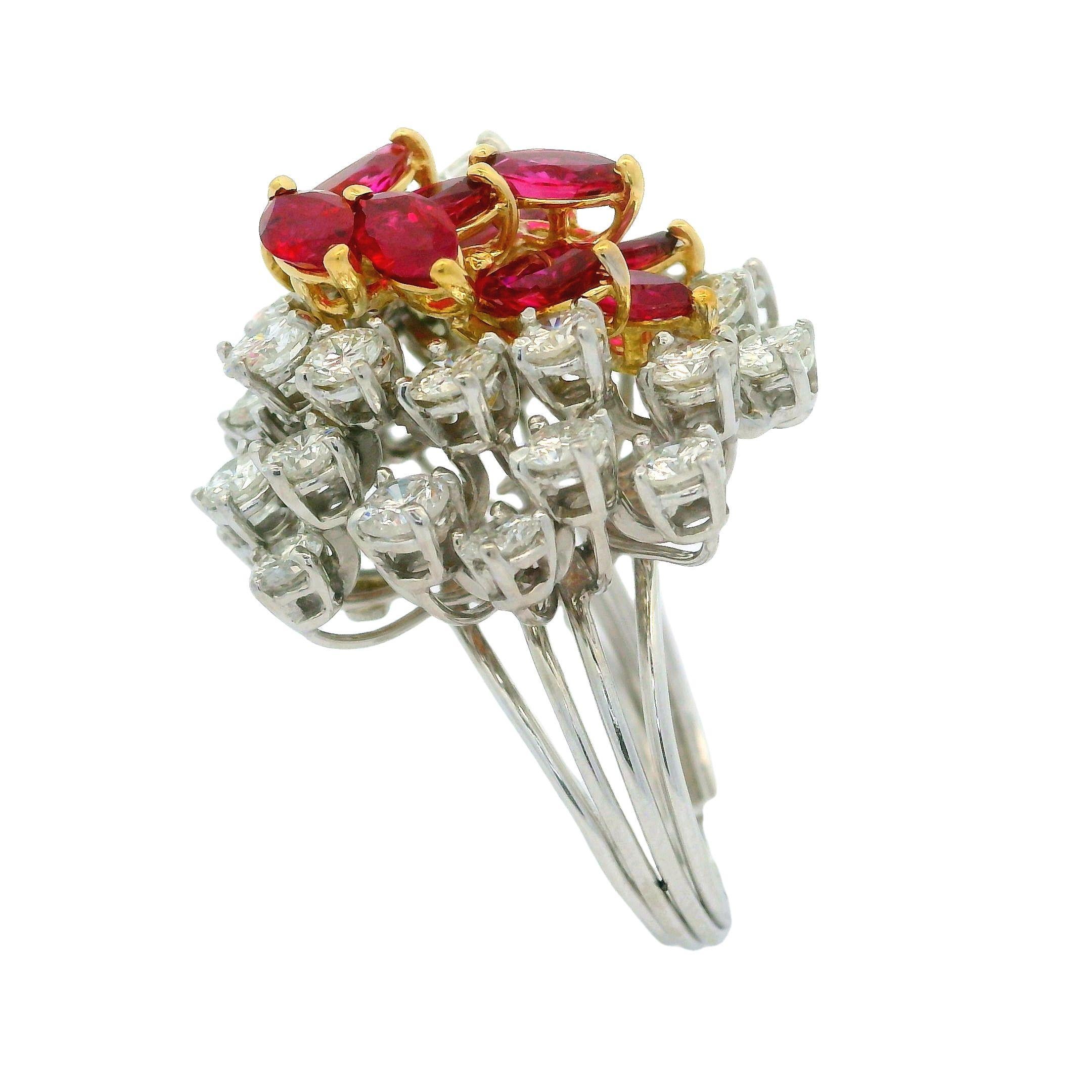 Vintage Platinum and Gold 7ctw Ruby & Diamond Cluster Spray Handmade Wire Ring For Sale 4