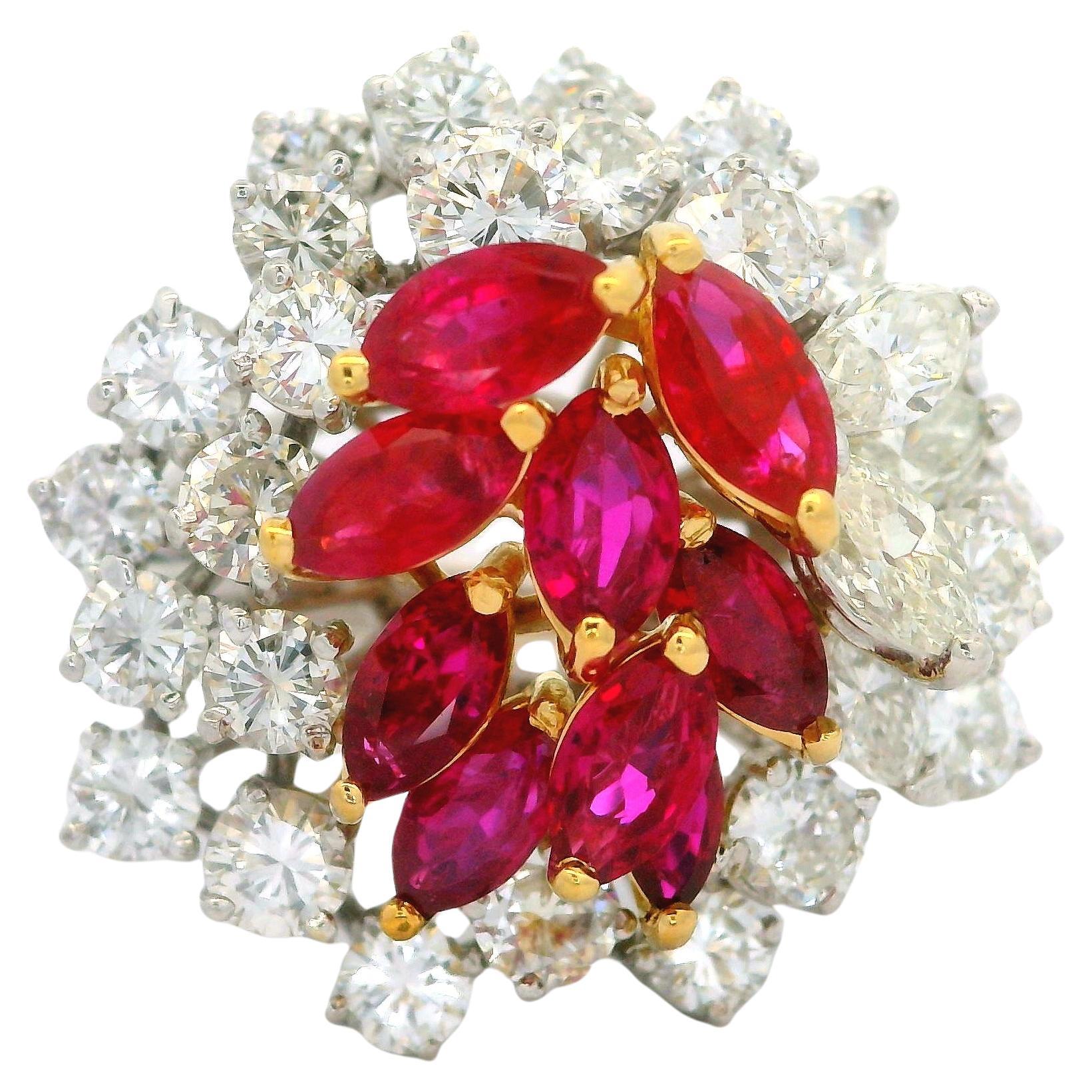 Vintage Platinum and Gold 7ctw Ruby & Diamond Cluster Spray Handmade Wire Ring For Sale
