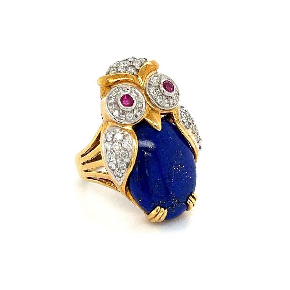 Simply Beautiful! Vintage Mid Century Modern Lapis and Diamond Platinum and Gold Owl Ring. Securely Hand set with Lapis Lazuli and Diamonds, weighing approx. 0.50tcw and Ruby eyes, approx. 0.17 Carat. Artfully Hand crafted in Platinum and 18K Yellow