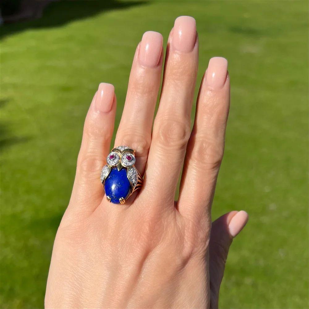 Modernist Vintage Platinum and Gold Lapis Lazuli and Diamond Owl Ring For Sale