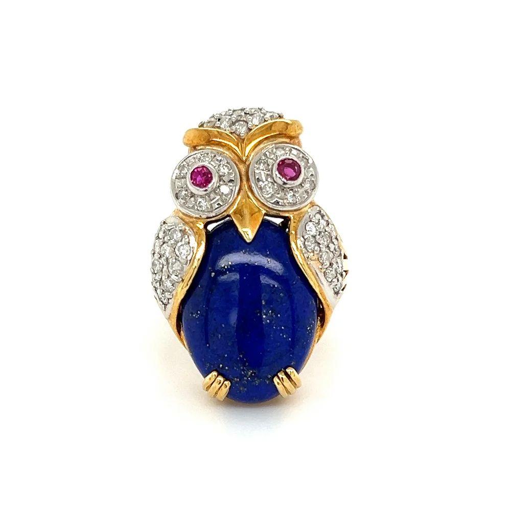 Mixed Cut Vintage Platinum and Gold Lapis Lazuli and Diamond Owl Ring For Sale