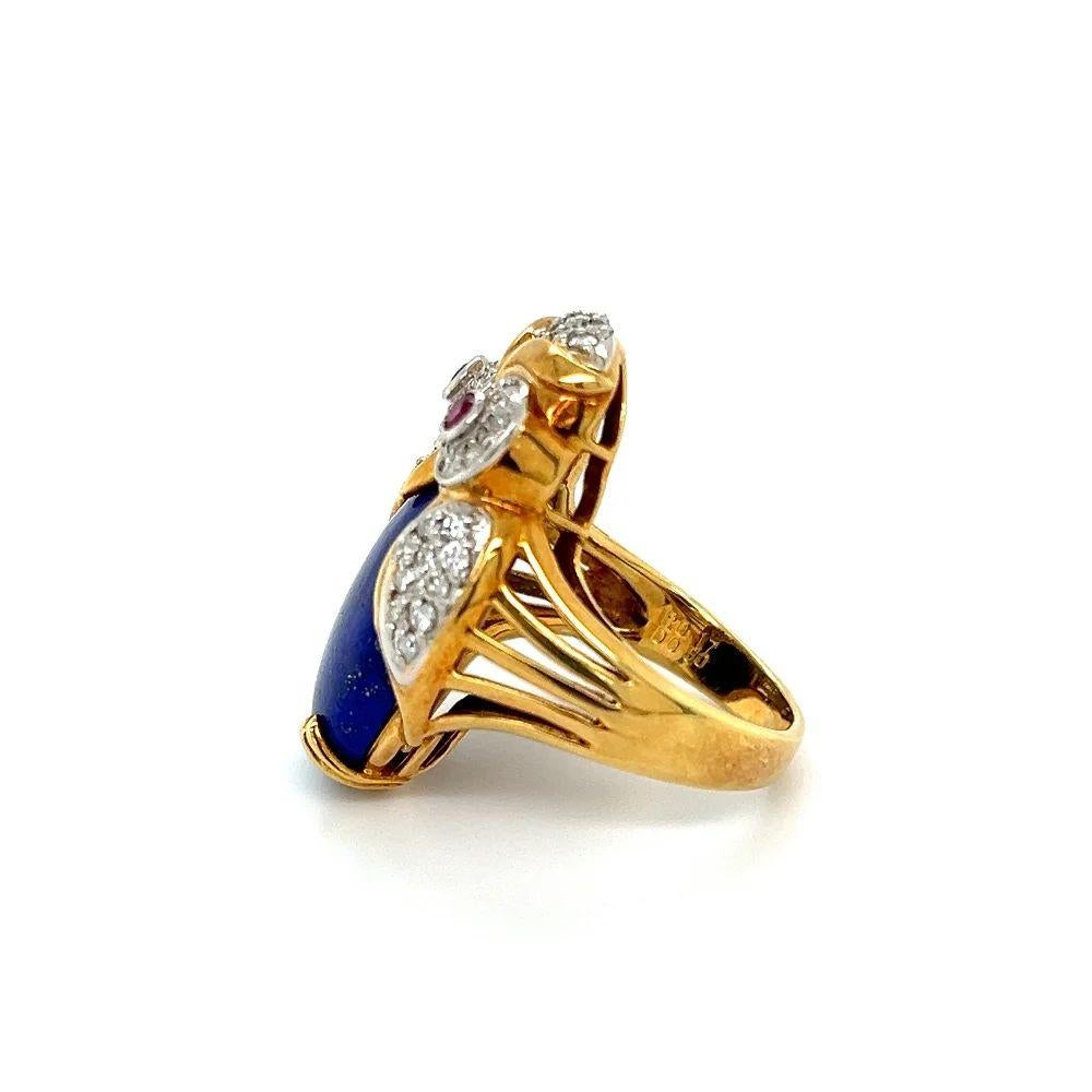 Women's or Men's Vintage Platinum and Gold Lapis Lazuli and Diamond Owl Ring For Sale