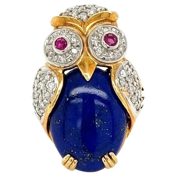 Vintage Platinum and Gold Lapis Lazuli and Diamond Owl Ring For Sale