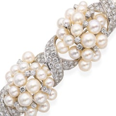 Bracelet vintage en platine et or blanc avec perles d'Akoya et 12.5tcw de diamants
