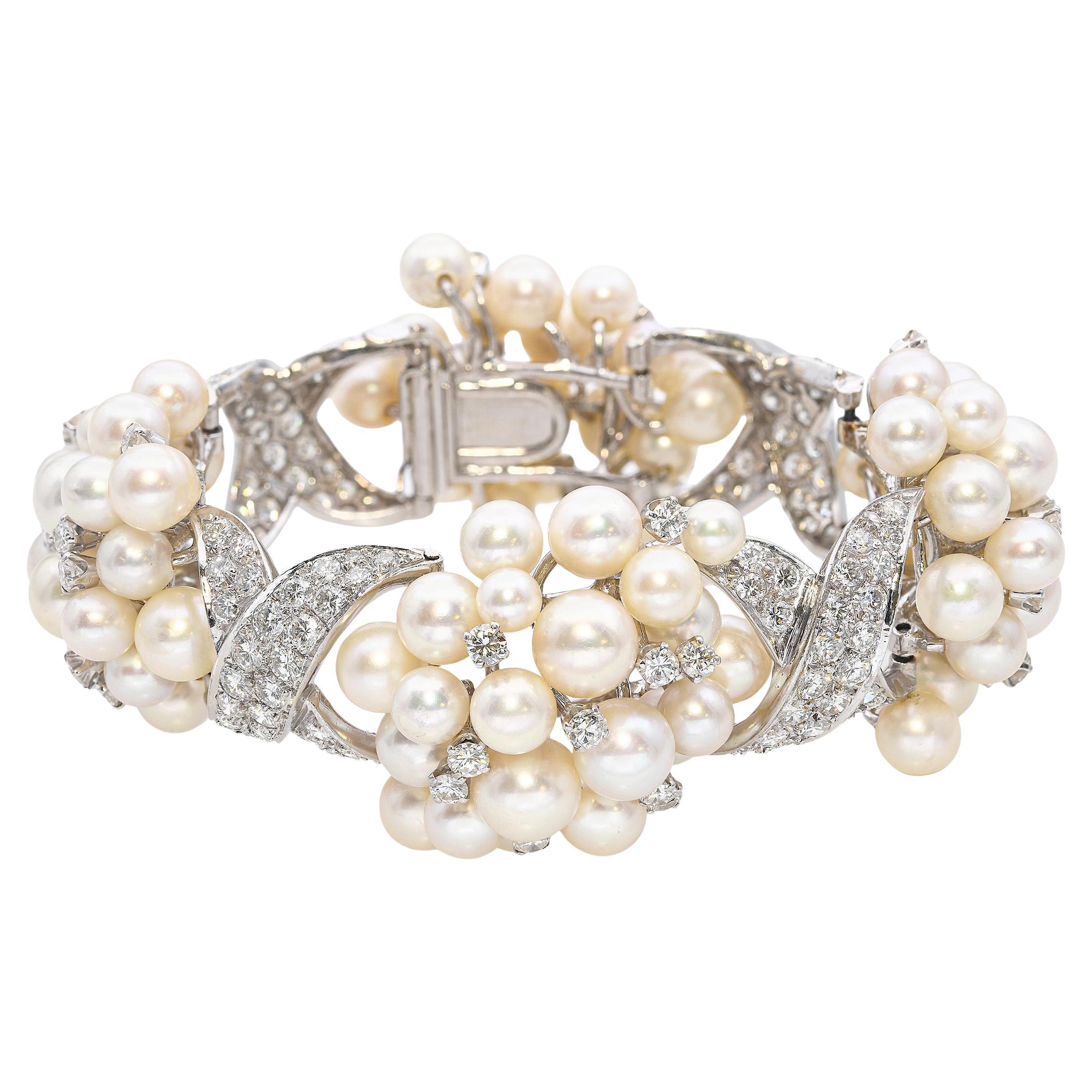 Pulsera vintage de platino y oro blanco con perla Akoya y racimo de diamantes de 12,5 qt