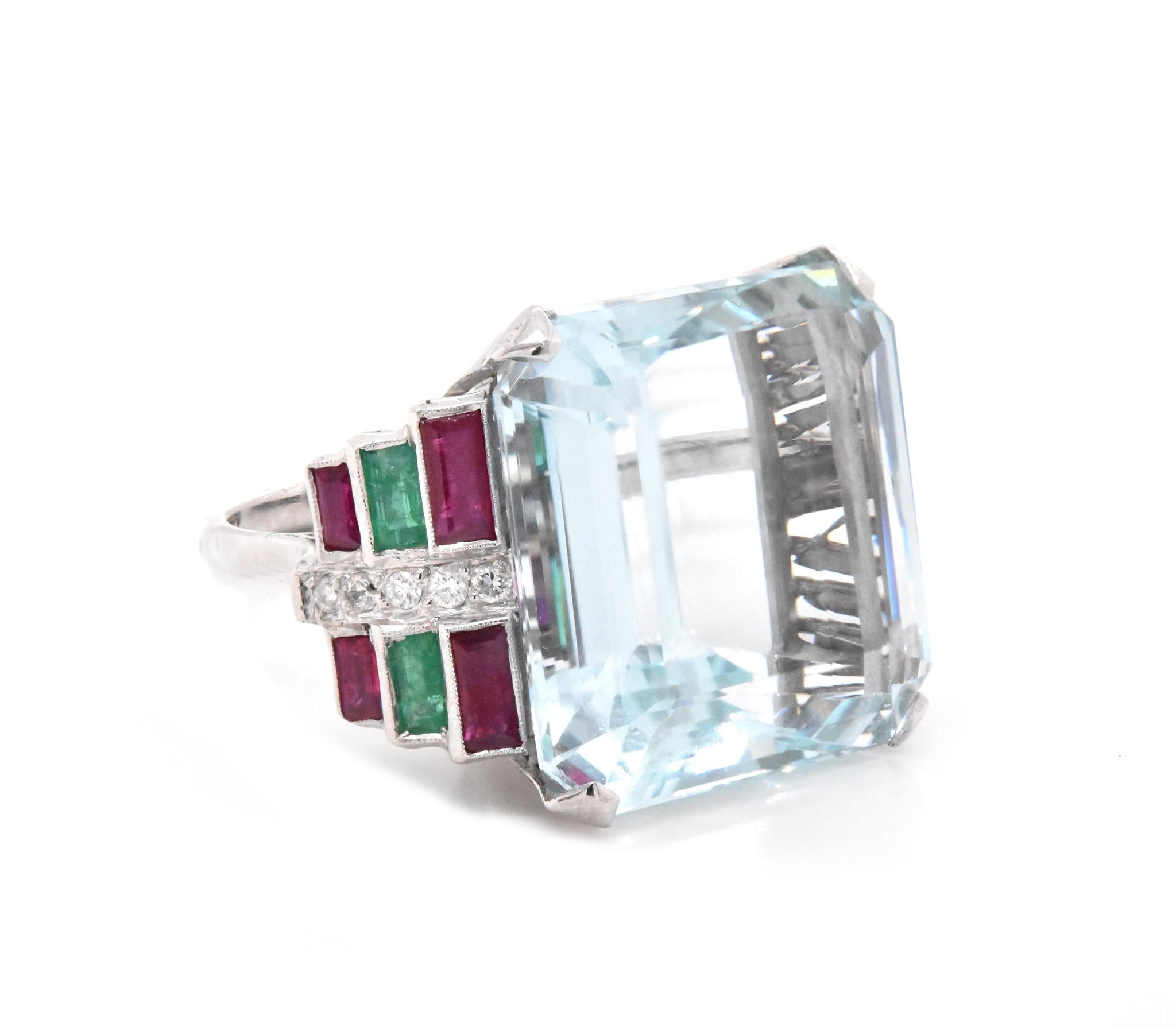 Designer: custom
Material: platinum
Diamonds: round cut = .25cttw 
Color: G
Clarity: VS1-2
Aquamarine: 1 emerald cut = 35.00ct
Ring Size: 7.5 (please allow up to 2 additional business days for sizing requests)
Dimensions: ring top measures