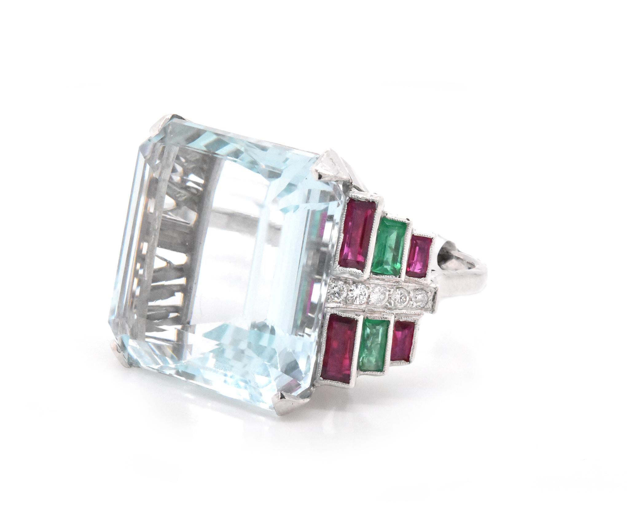 Emerald Cut Vintage Platinum Aquamarine, Diamond, Emerald, and Ruby Cocktail Ring